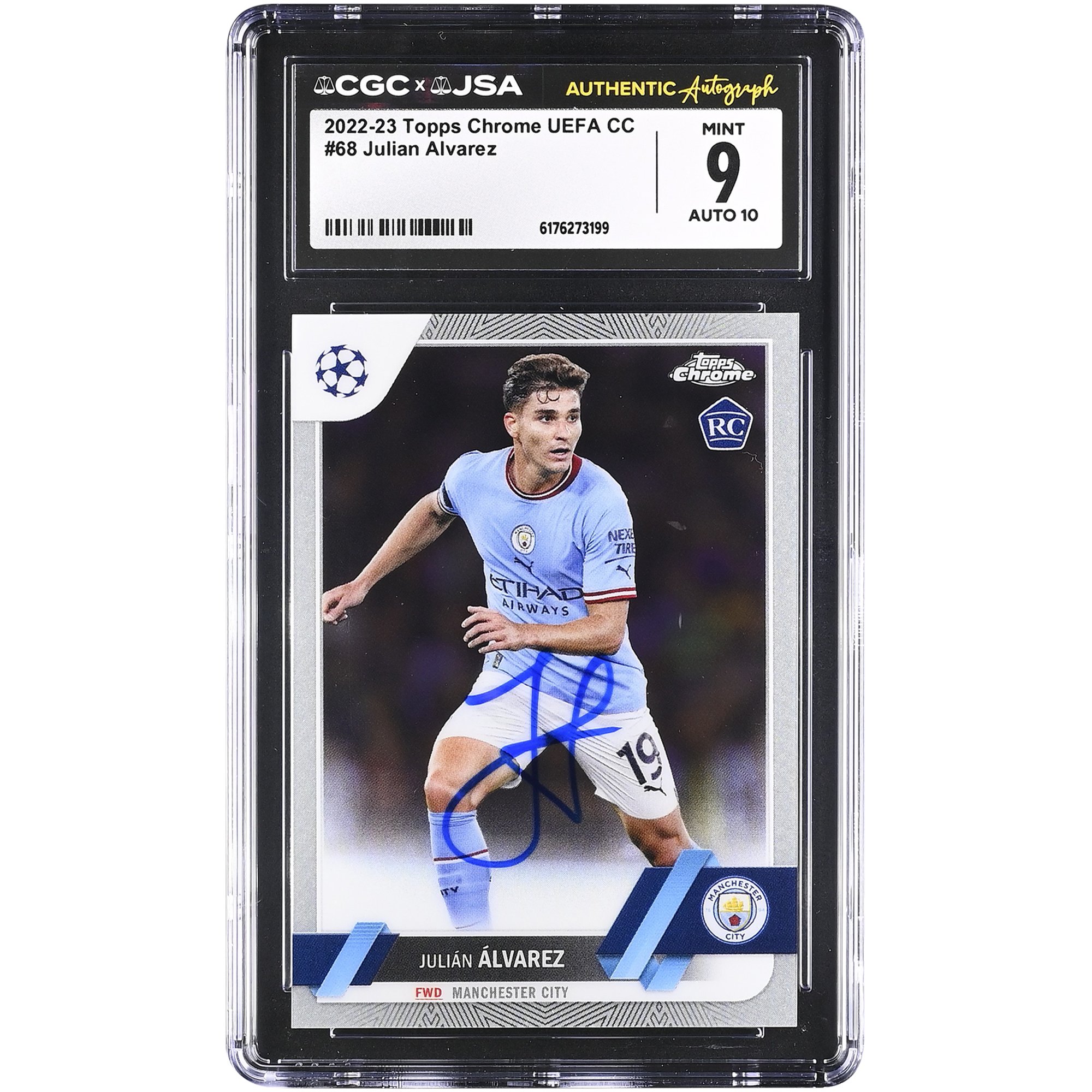 Julián Alvarez Manchester City Autographed 2022-23 Topps Chrome UEFA CC #68 CGC Authenticated 9/10 Rookie Card