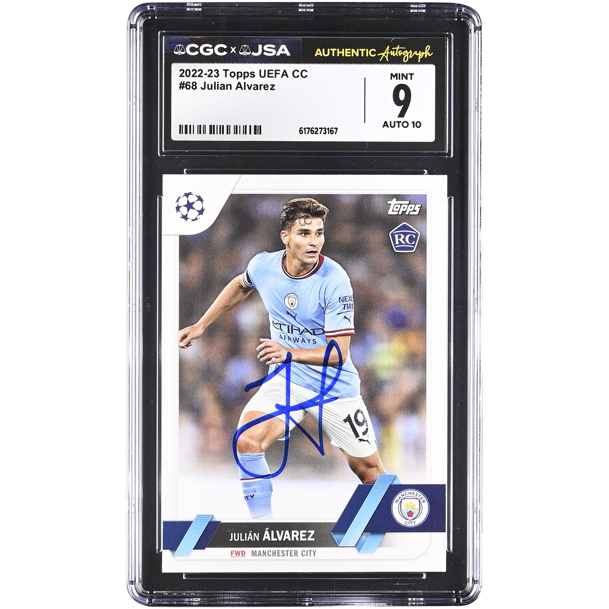 Julián Alvarez Manchester City Autographed 2022-23 Topps UEFA CC #68 CGC Authenticated 9/10 Rookie Card