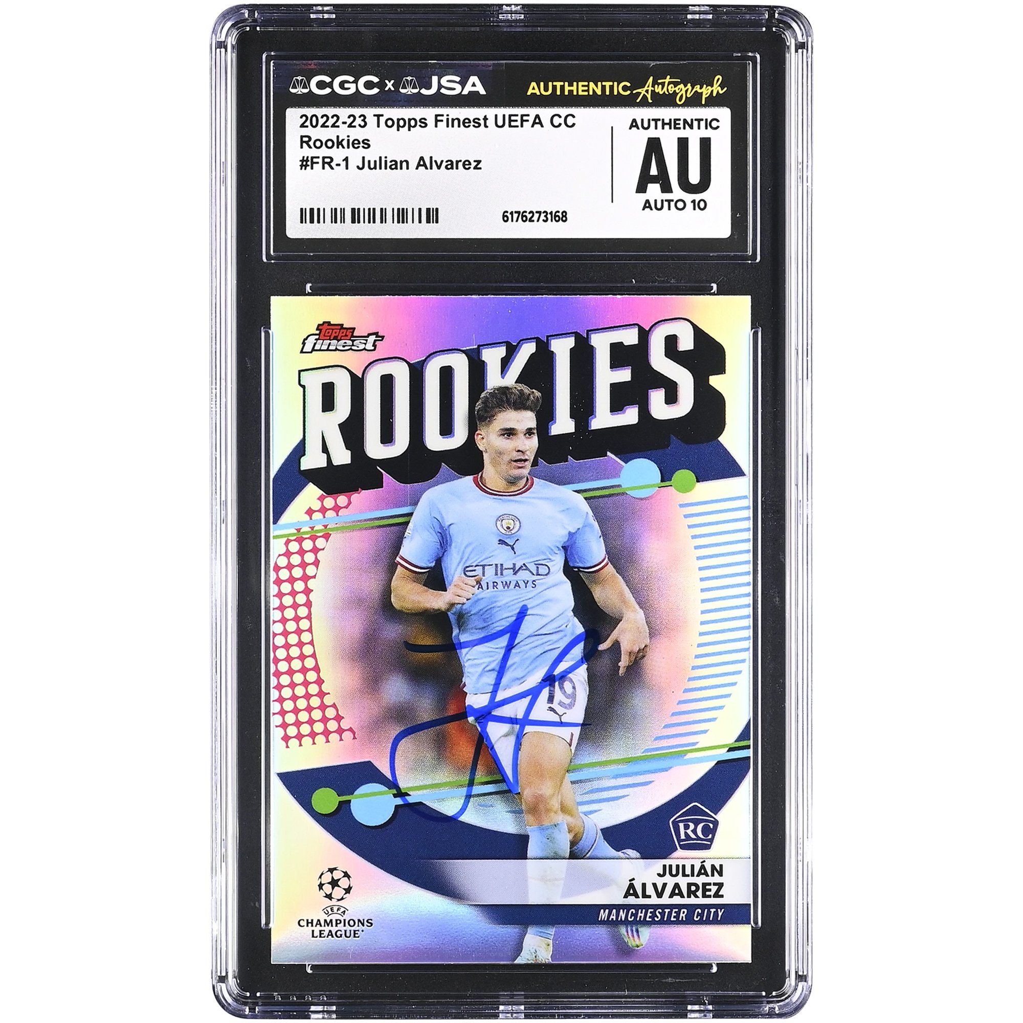 Julián Alvarez Manchester City Autographed 2022-23 Topps Finest UEFA CC Rookies #FR-1 CGC Authenticated Auto 10 Rookie Card