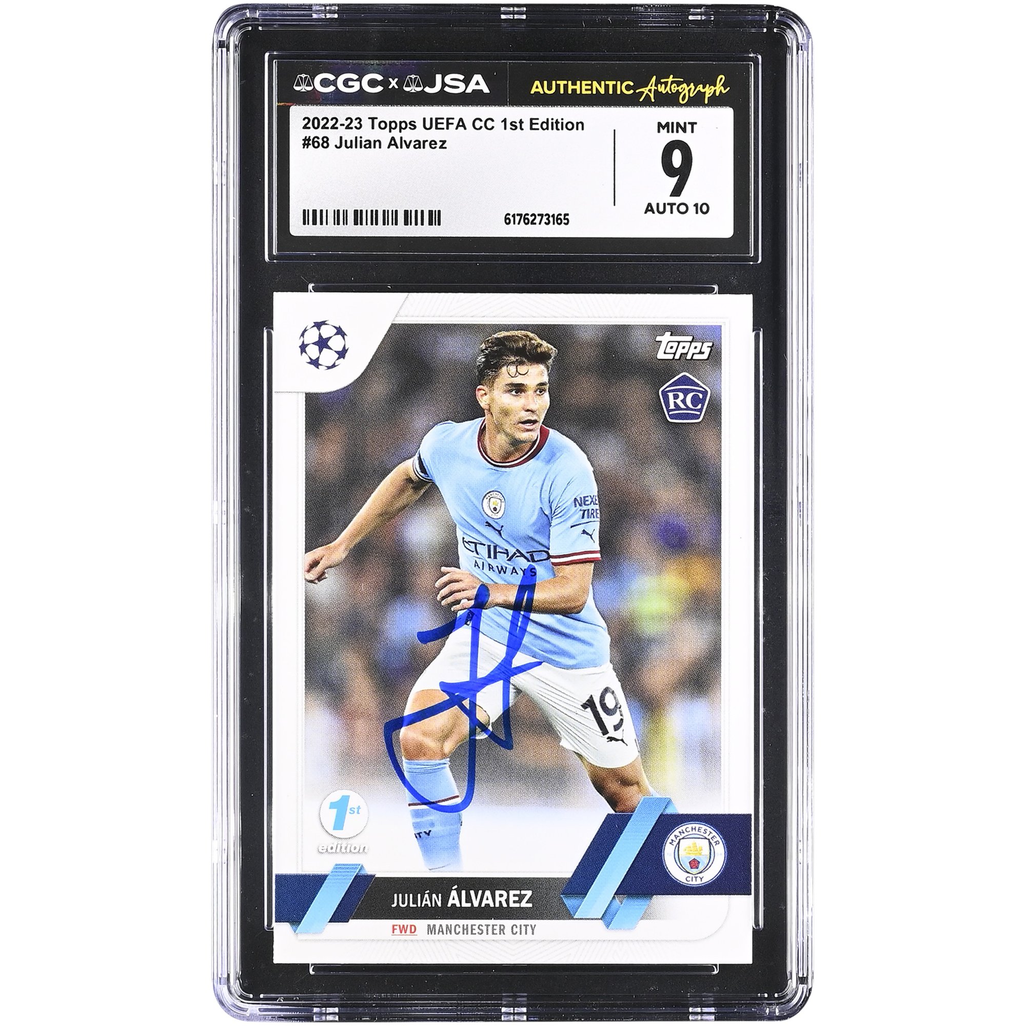 Julián Alvarez Manchester City Autographed 2022-23 Topps UEFA CC 1st Edition #68 CGC Authenticated 9/10 Rookie Card
