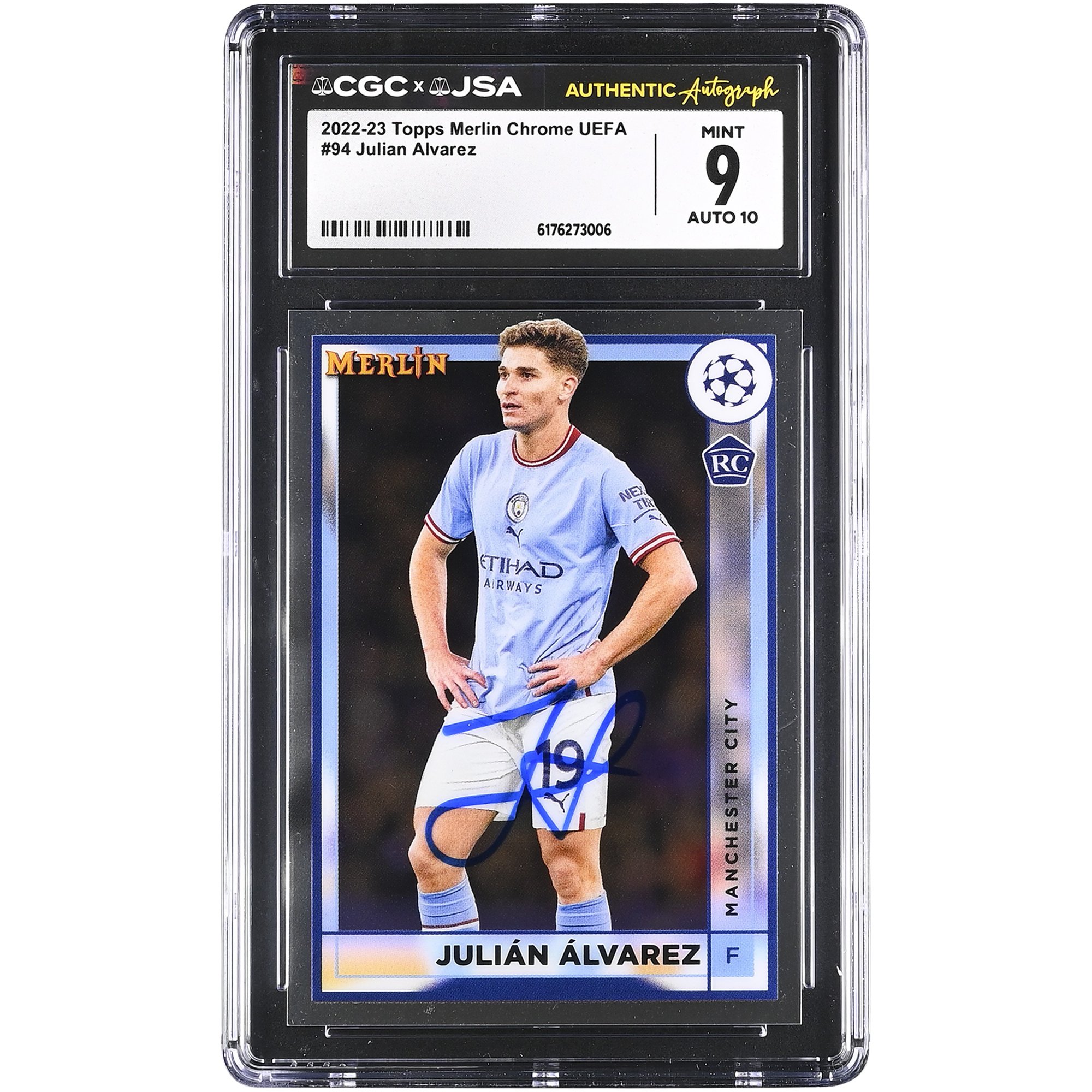 Julián Alvarez Manchester City Autographed 2022-23 Topps Merlin Chrome UEFA #94 CGC Authenticated Auto 10 Rookie Card