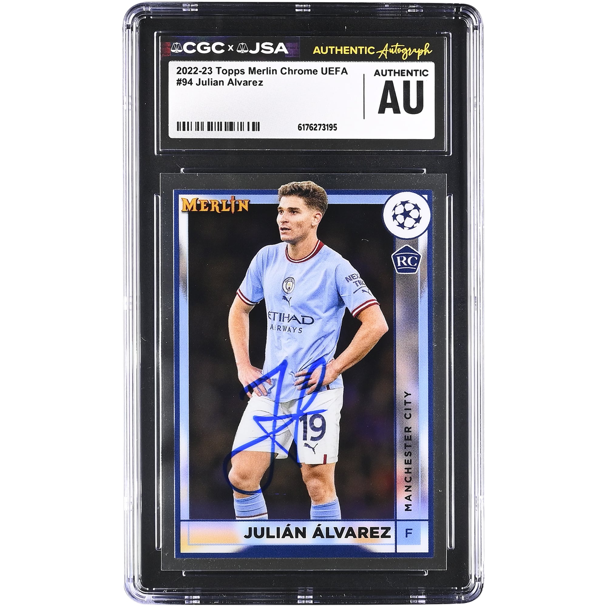 Julián Alvarez Manchester City Autographed 2022-23 Topps Merlin Chrome UEFA #94 CGC Authenticated Rookie Card. rookie card picture