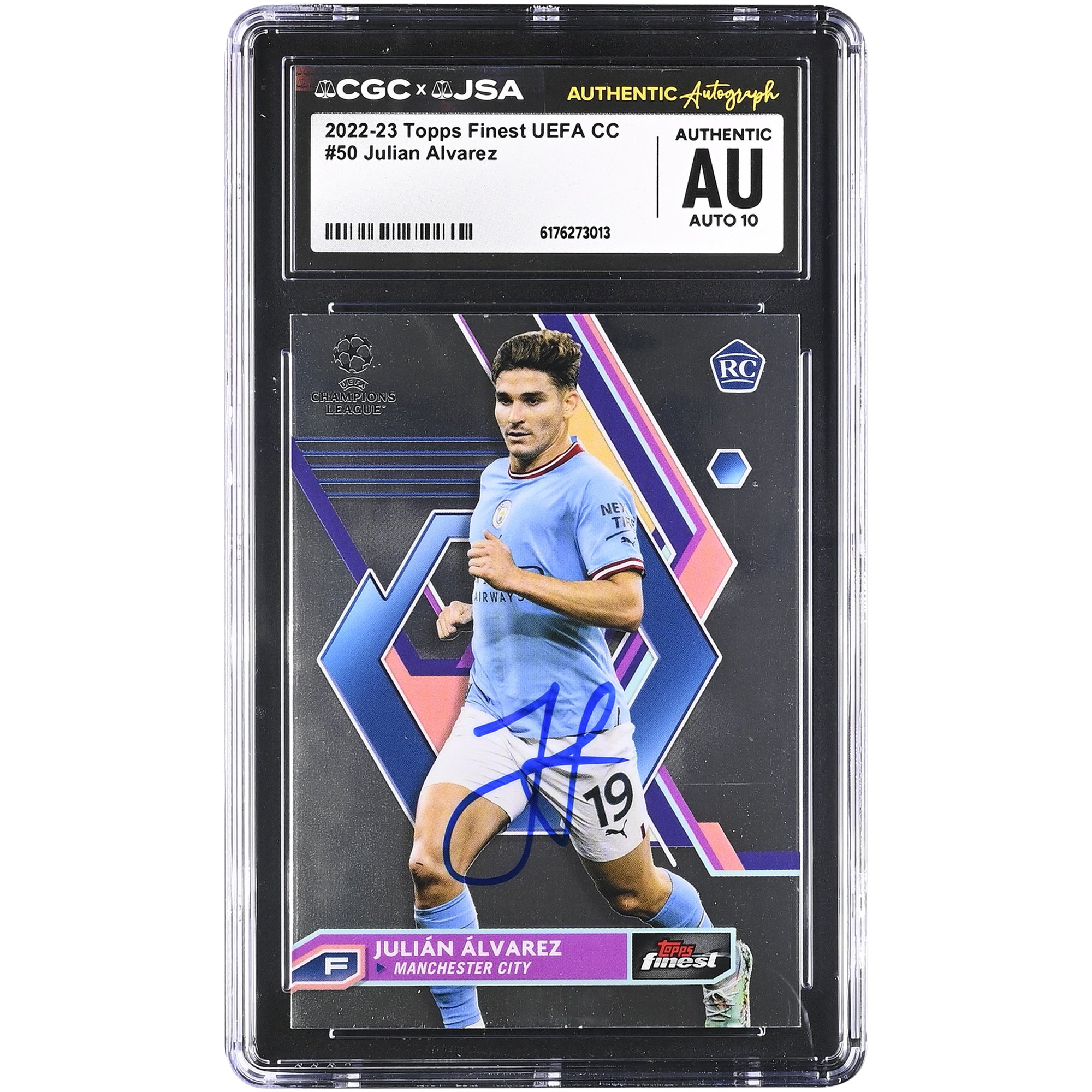 Julián Alvarez Manchester City Autographed 2022-23 Topps Finest UEFA CC #50 CGC Authenticated Auto 10 Rookie Card