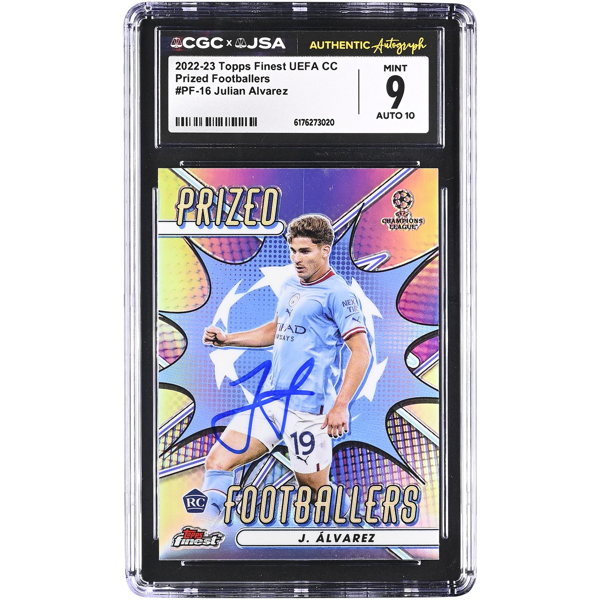 Julián Alvarez Manchester City Autographed 2022-23 Topps Finest UEFA CC Prized Footballers #PF-16 CGC Authenticated 9/10 Rookie Card