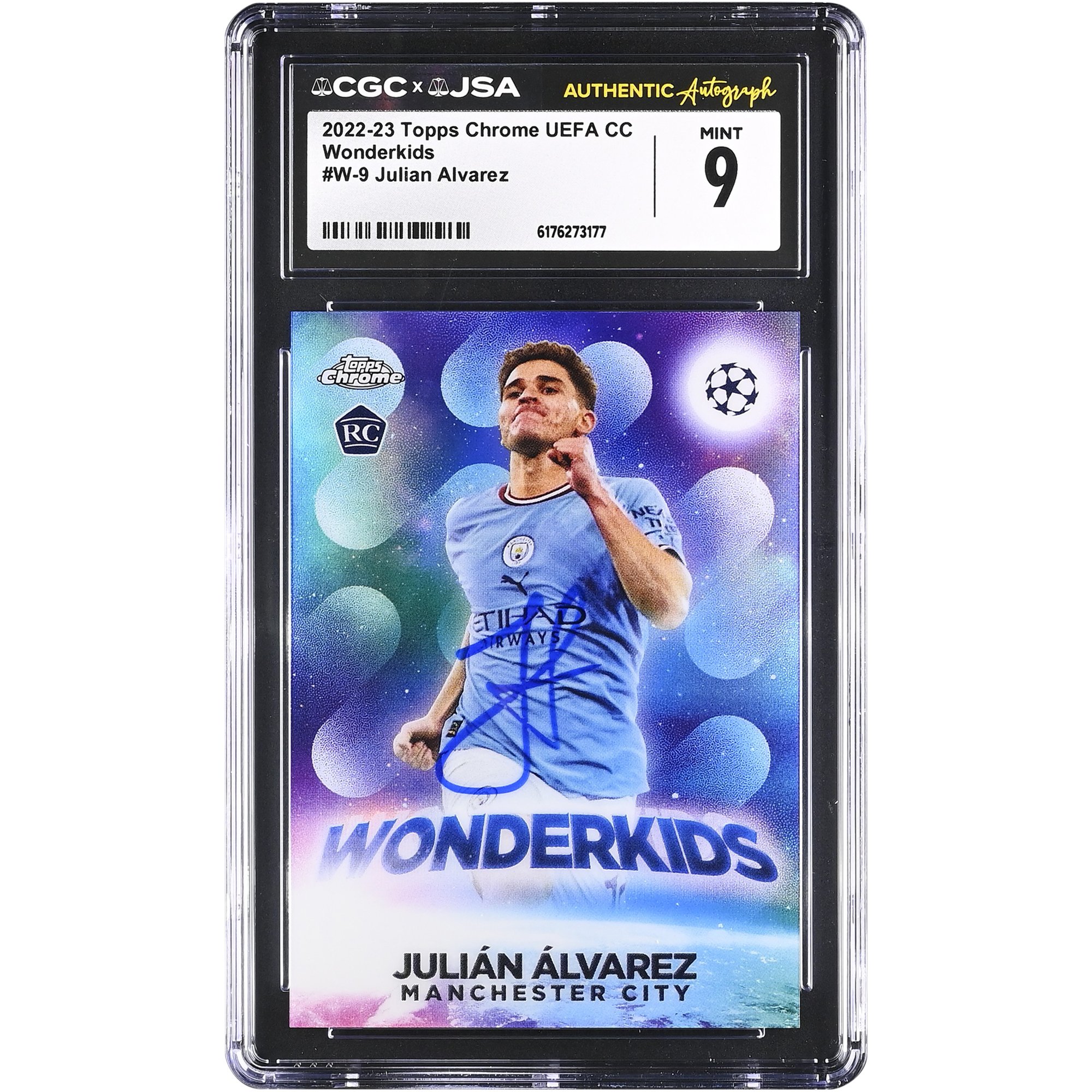 Julián Alvarez Manchester City Autographed 2022-23 Topps Chrome UEFA CC Wonderkids #W-9 CGC Authenticated Mint 9 Rookie Card