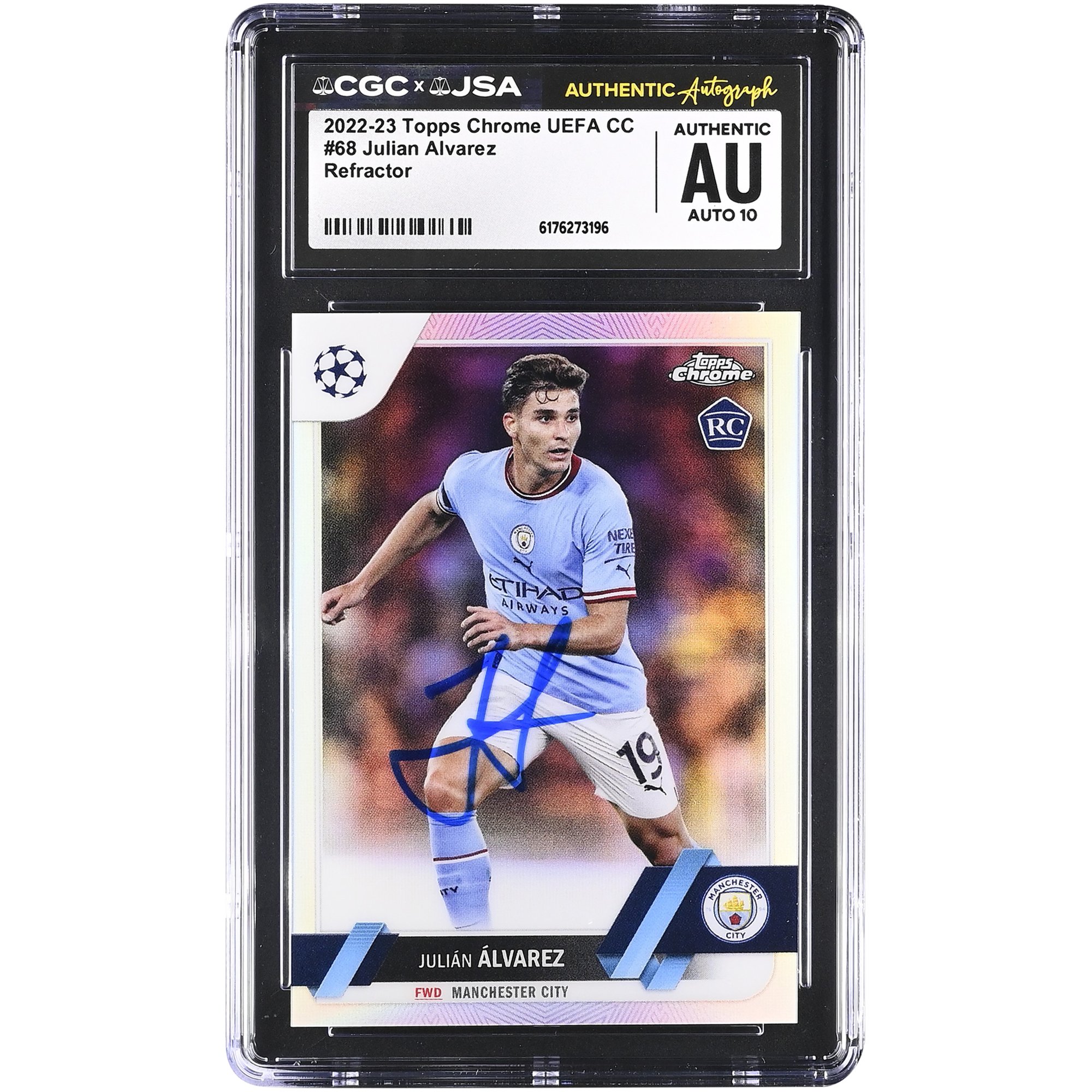 Julián Alvarez Manchester City Autographed 2022-23 Topps Chrome UEFA CC Refractor #68 CGC Authenticated Auto 10 Rookie Card