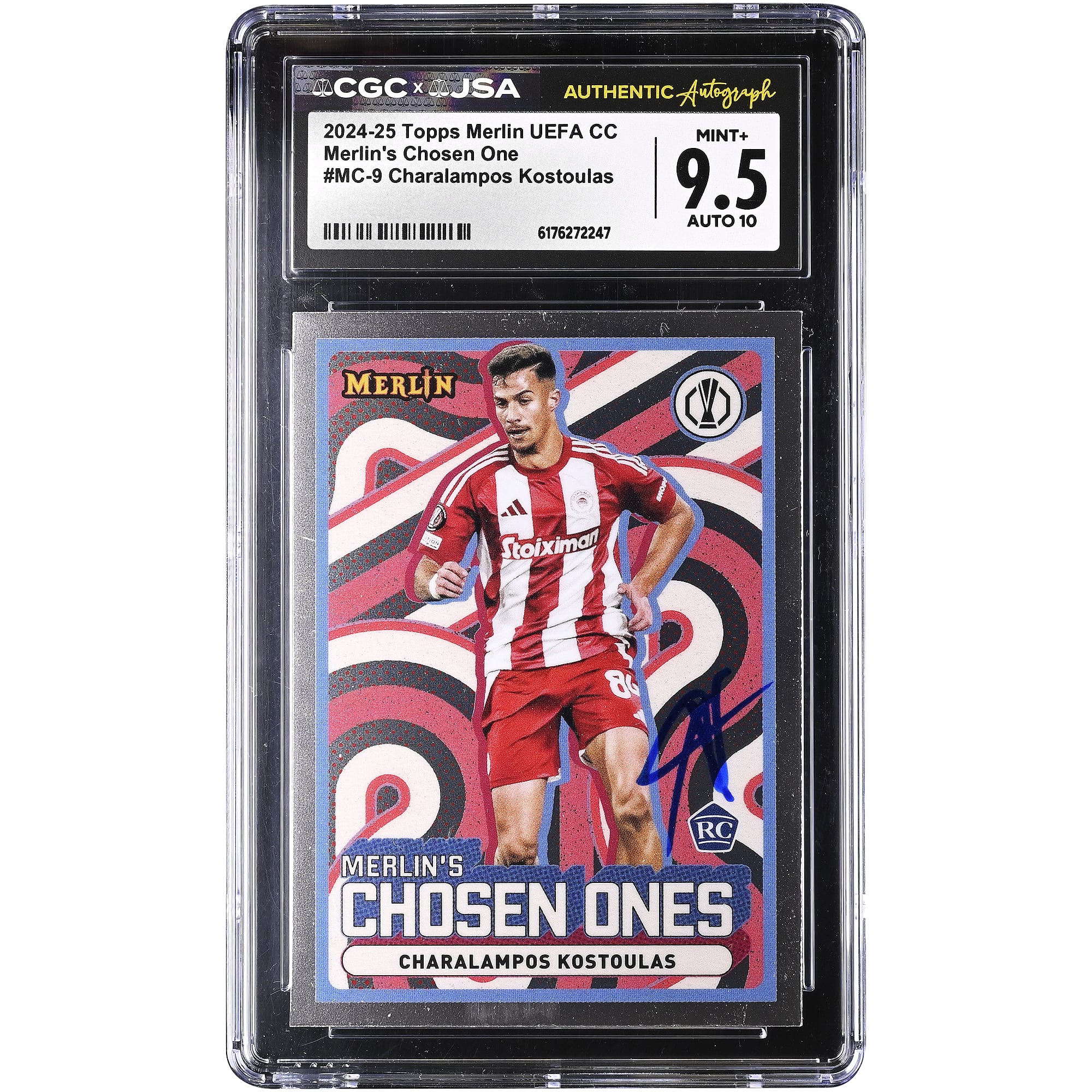 Charalampos Kostoulas Olympiacos Autographed 2024-25 Topps Merlin UEFA CC Merlin's Chosen One #MC-9 CGC Authenticated 9.5/10 Rookie Card