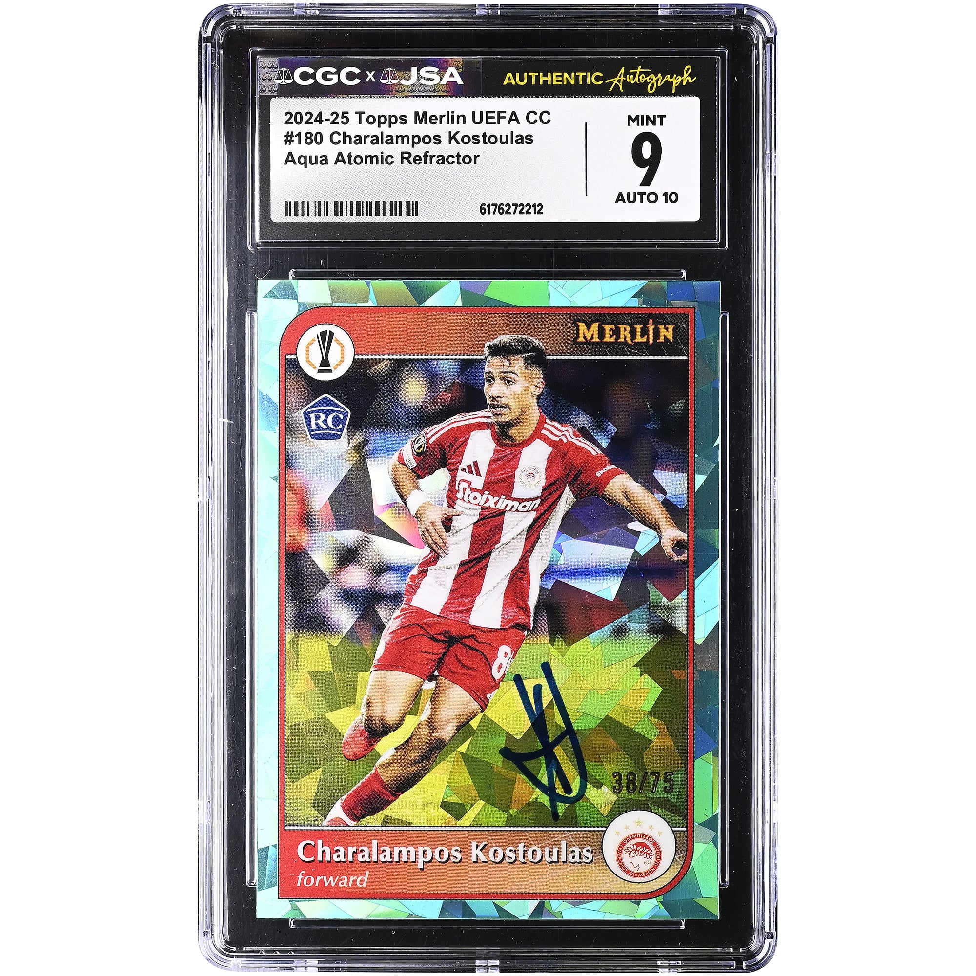 Charalampos Kostoulas Olympiacos Autographed 2024-25 Topps Merlin UEFA CC Aqua Atomic Refractor #180 #/75 CGC Authenticated 9/10 Rookie Card