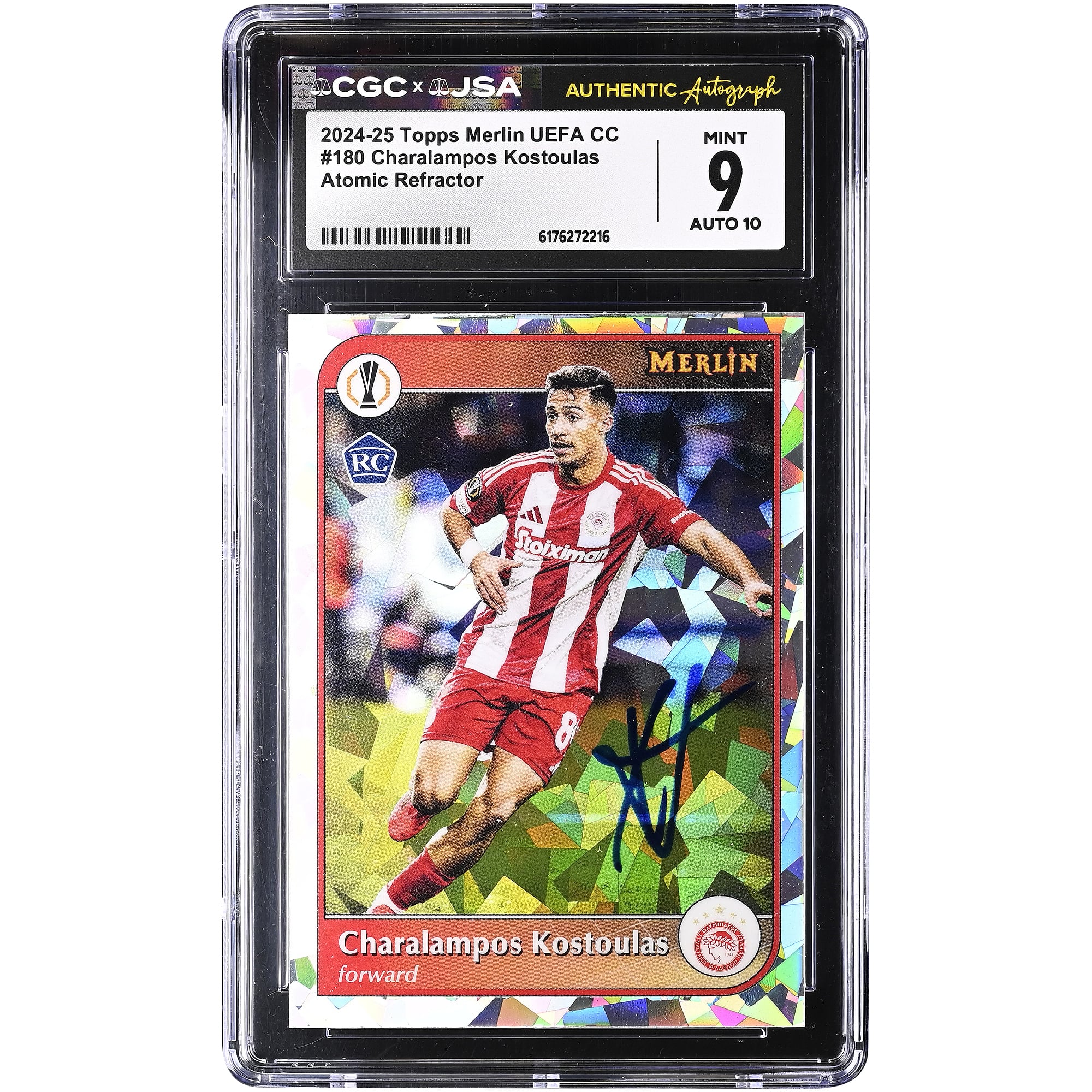 Charalampos Kostoulas Olympiacos Autographed 2024-25 Topps Merlin UEFA CC Atomic Refractor #180 CGC Authenticated 9/10 Rookie Card