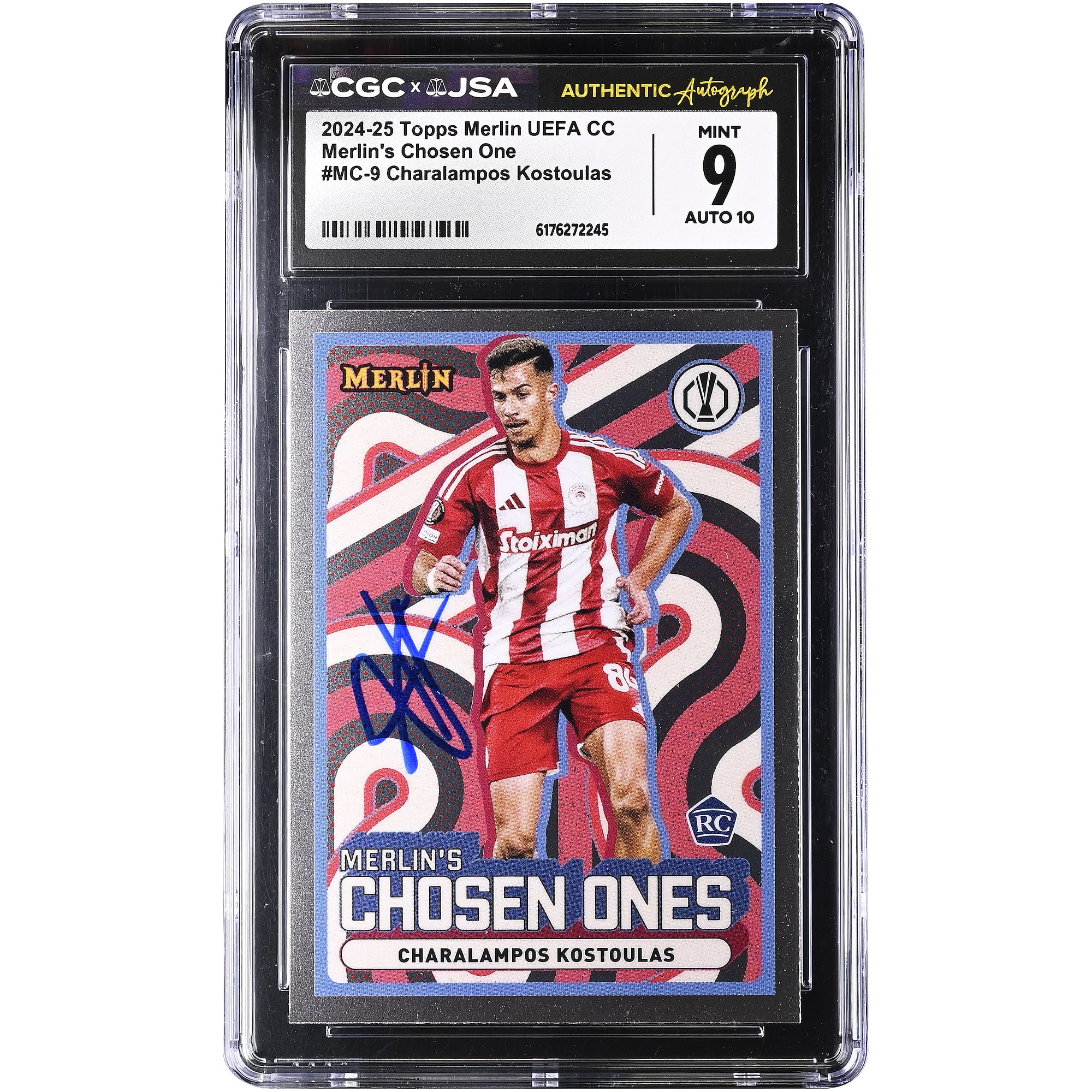 Charalampos Kostoulas Olympiacos Autographed 2024-25 Topps Merlin UEFA CC Merlin's Chosen One #MC-9 CGC Authenticated 9/10 Rookie Card
