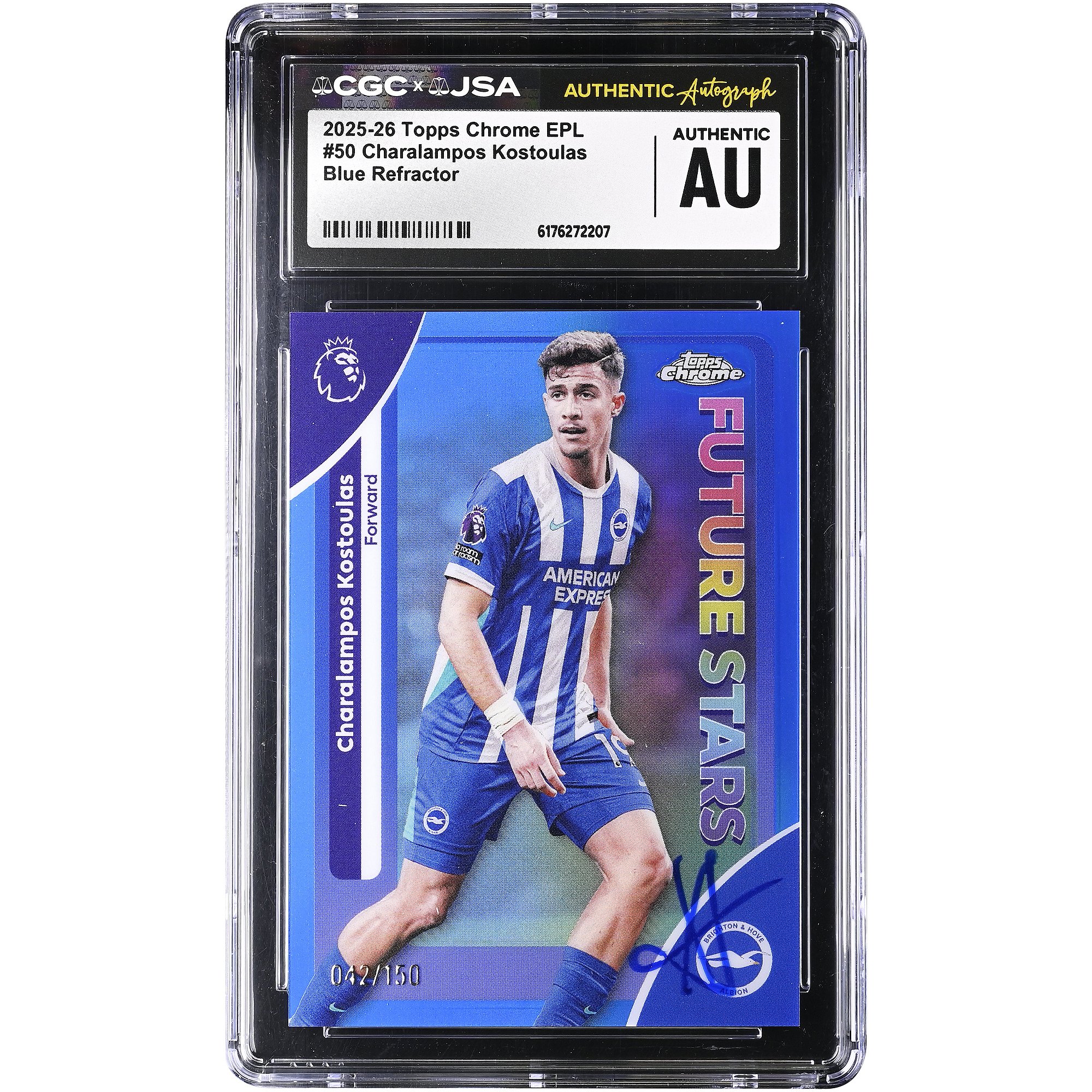 Charalampos Kostoulas Brighton and Hove Albion Autographed 2025-26 Topps Chrome EPL Blue Refractor #50 #/150 CGC Authenticated Card