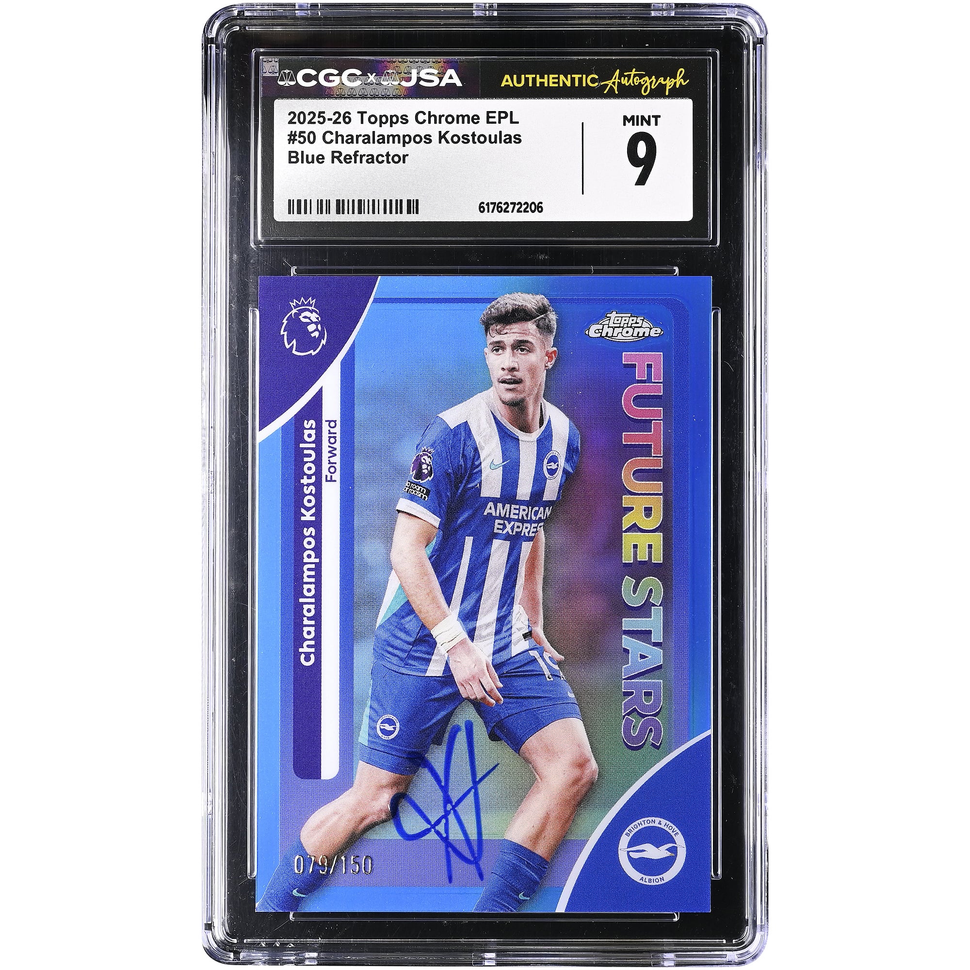 Charalampos Kostoulas Brighton and Hove Albion Autographed 2025-26 Topps Chrome EPL Blue Refractor #50 #/150 CGC Authenticated MINT 9 Card
