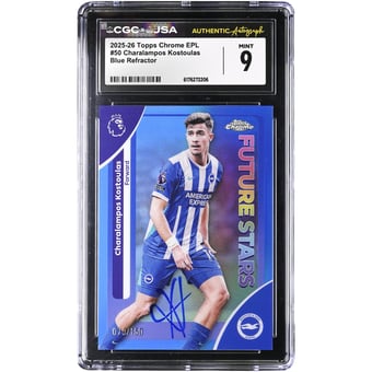 Charalampos Kostoulas Brighton and Hove Albion Autographed 2025-26 Topps Chrome EPL Blue Refractor #50 #/150 CGC Authenticated MINT 9 Card