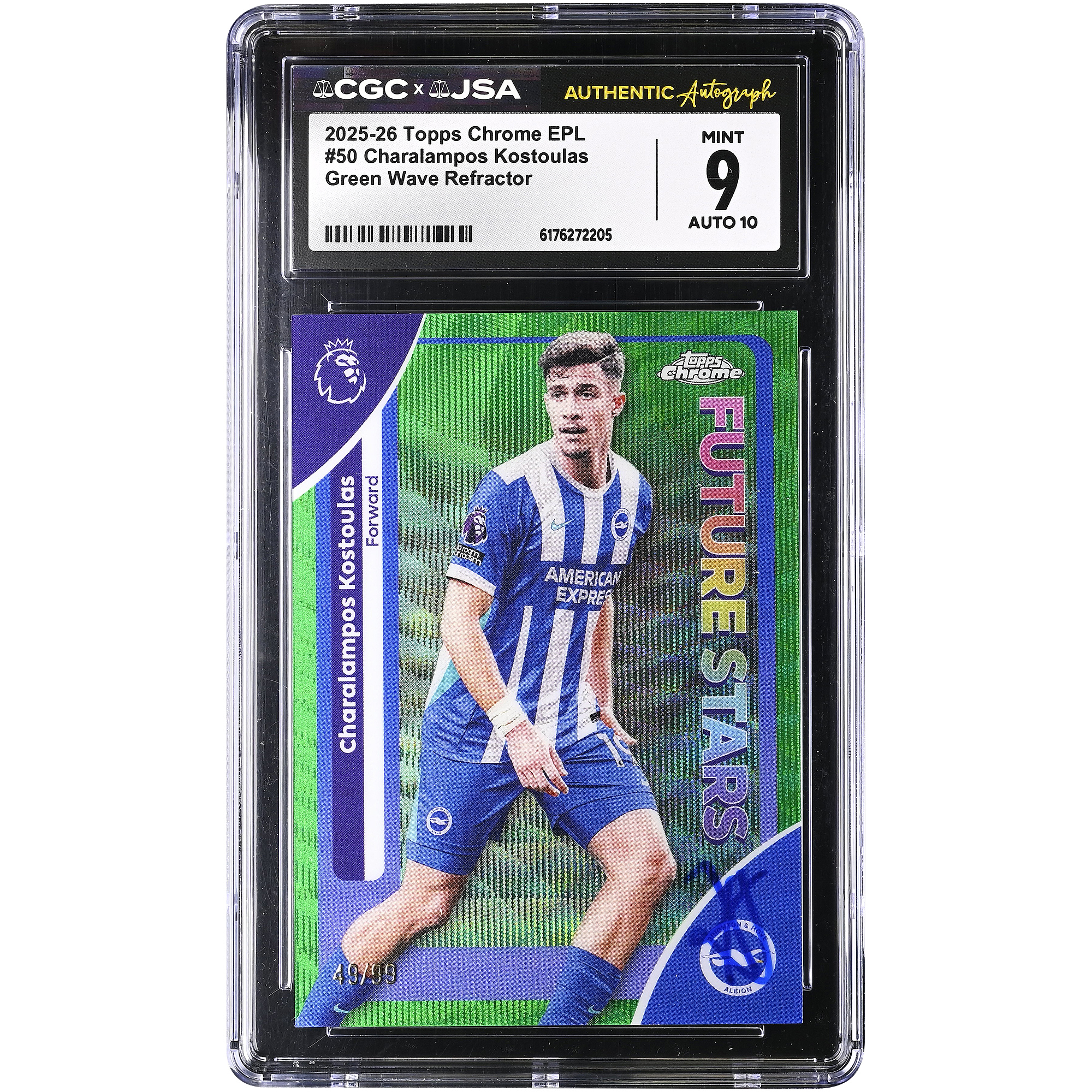 Charalampos Kostoulas Brighton and Hove Albion Autographed 2025-26 Topps Chrome EPL Green Wave Refractor #50 #/99 CGC Authenticated 9/10 Card