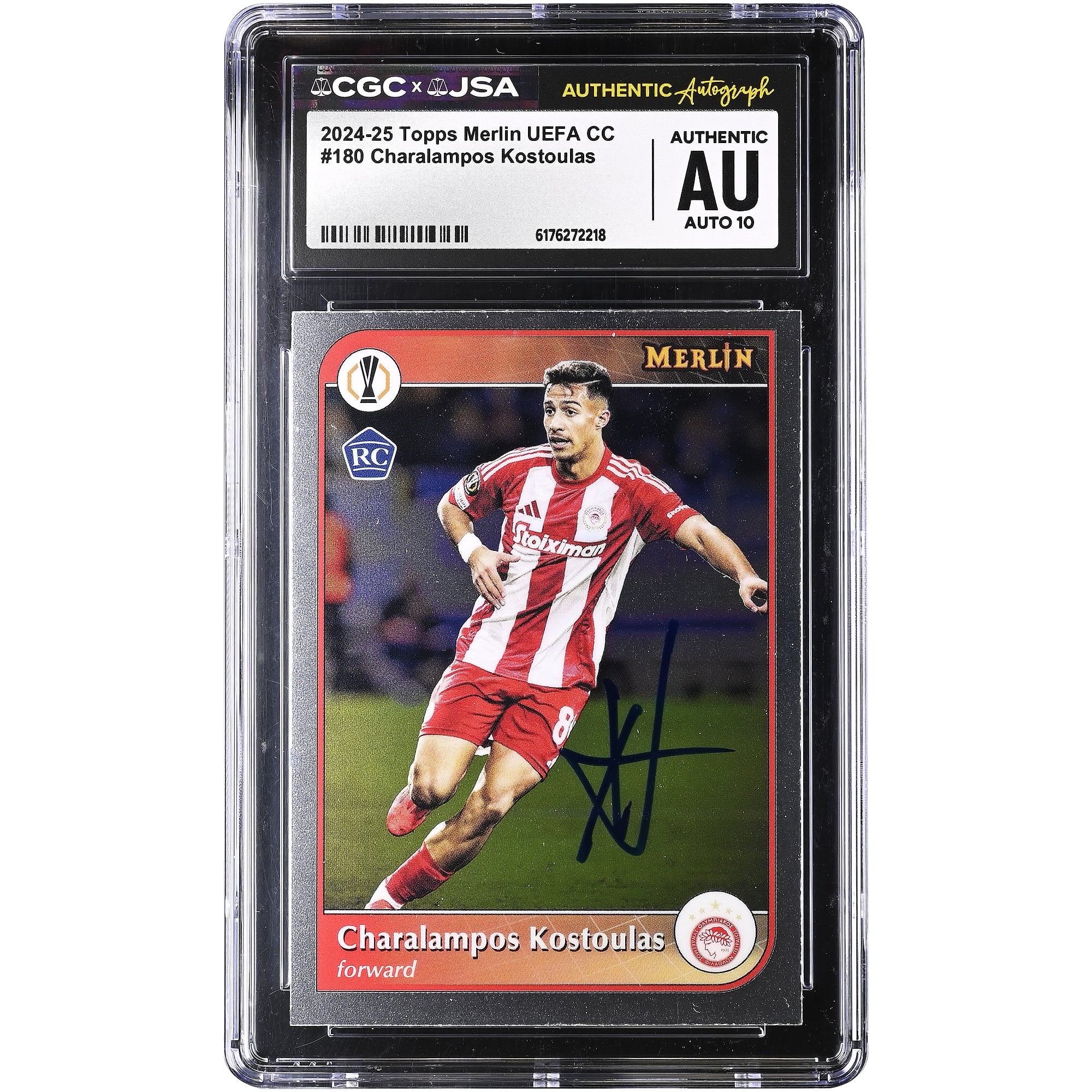 Charalampos Kostoulas Olympiacos Autographed 2024-25 Topps Merlin UEFA CC #180 CGC Authenticated Auto 10 Rookie Card
