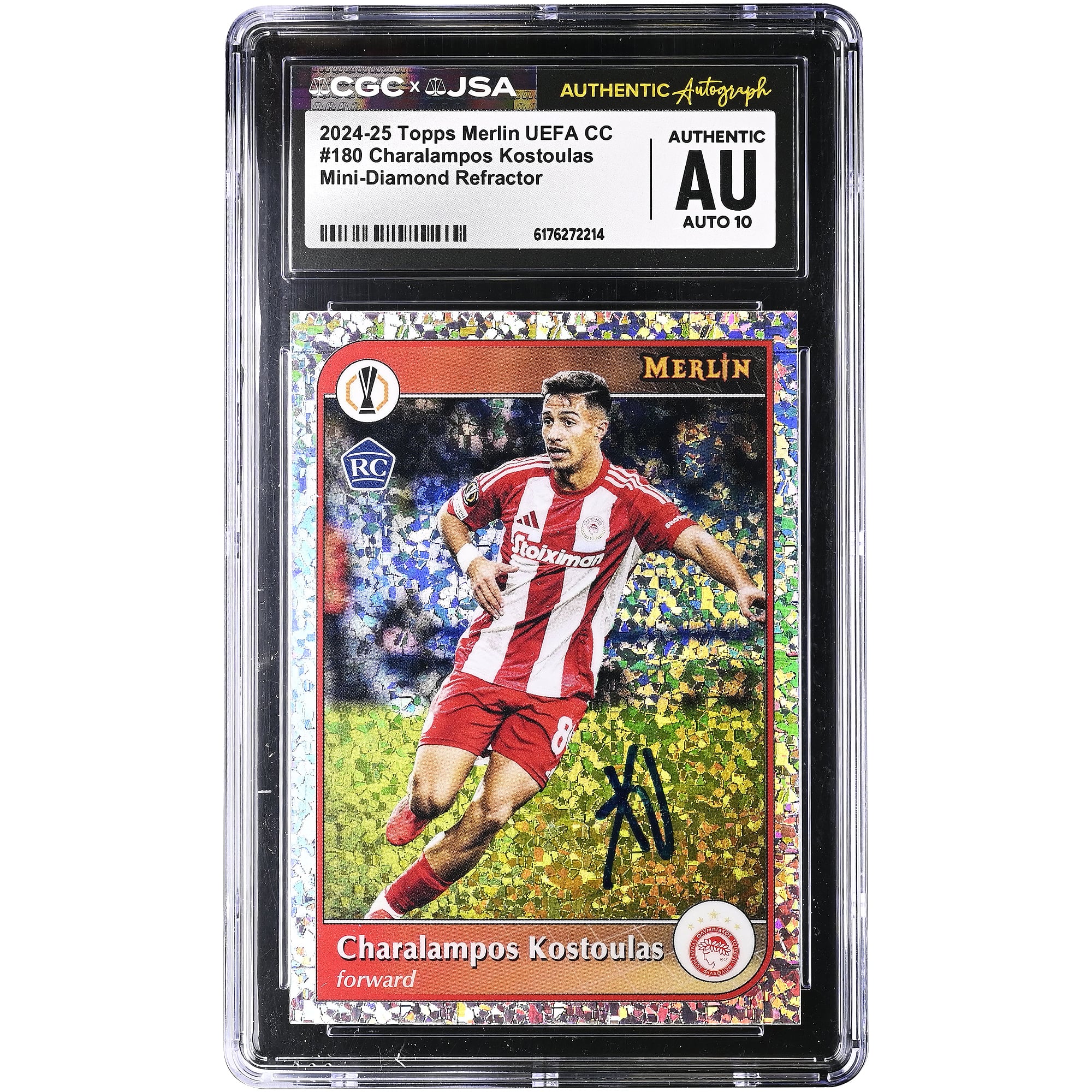 Charalampos Kostoulas Olympiacos Autographed 2024-25 Topps Merlin UEFA CC Mini-Diamond Refractor #180 CGC Authenticated Auto 10 Rookie Card