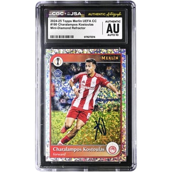 Charalampos Kostoulas Olympiacos Autographed 2024-25 Topps Merlin UEFA CC Mini-Diamond Refractor #180 CGC Authenticated Auto 10 Rookie Card