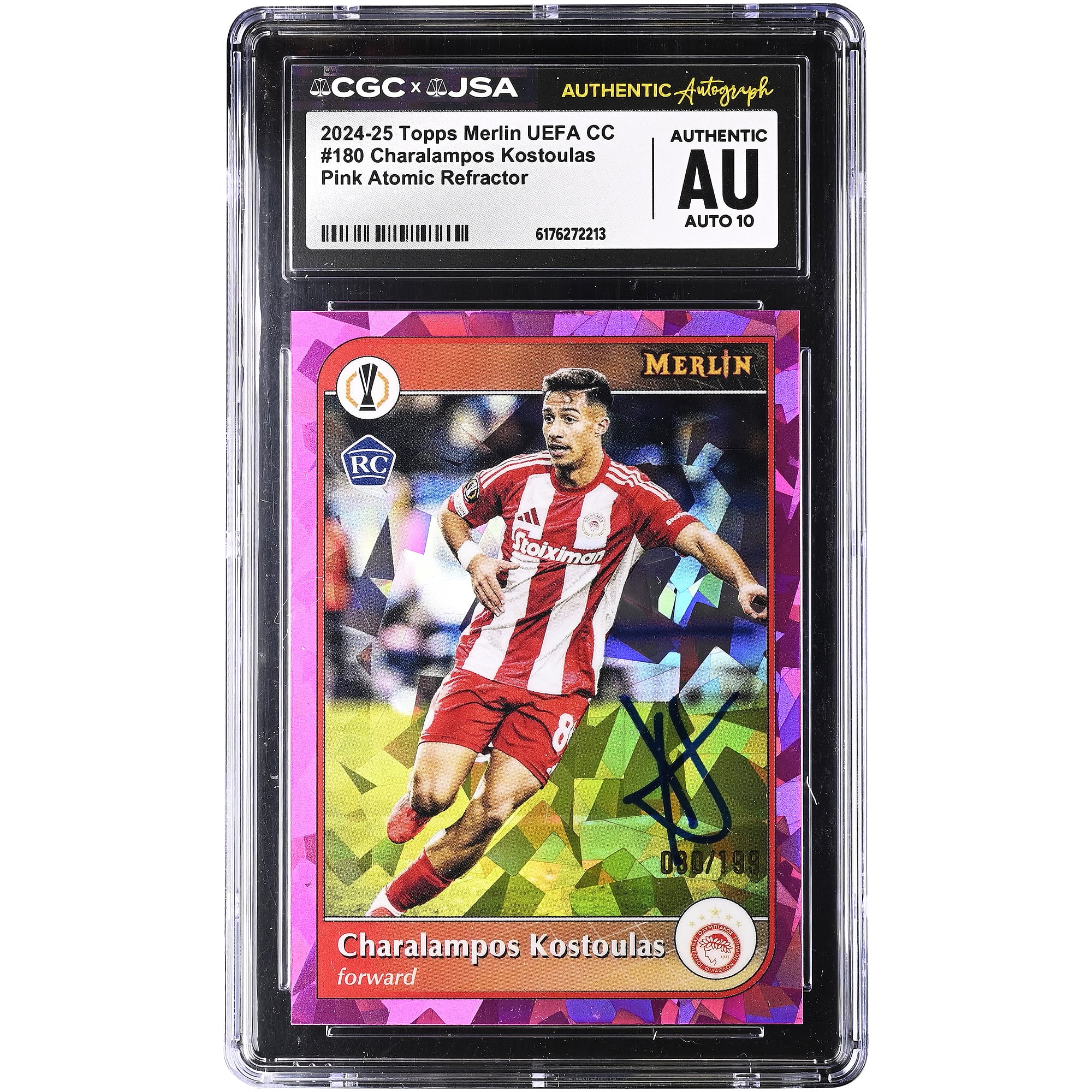 Charalampos Kostoulas Olympiacos Autographed 2024-25 Topps Merlin UEFA CC Pink Atomic Refractor #180 #/199 CGC Authenticated Auto 10 Rookie Card