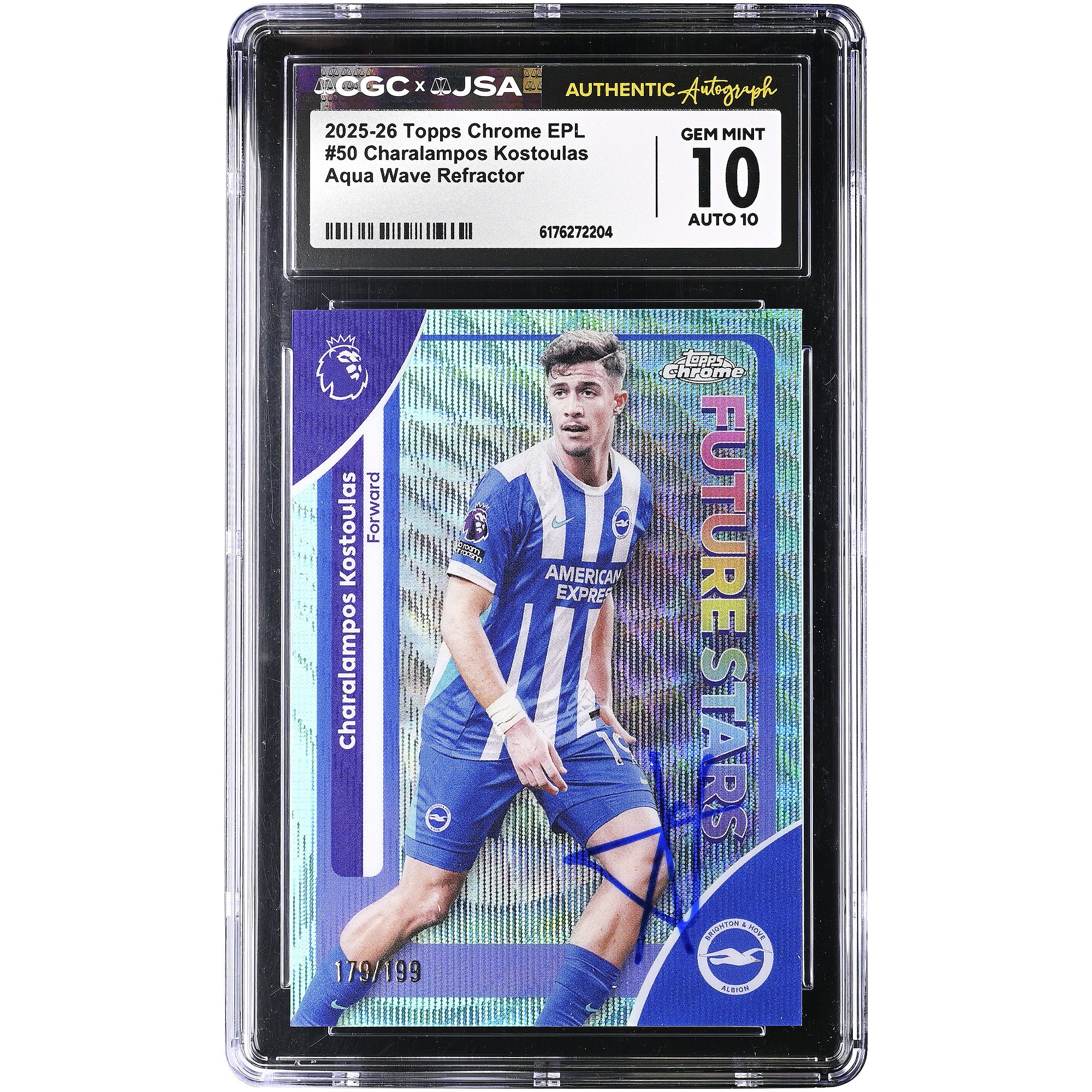Charalampos Kostoulas Brighton and Hove Albion Autographed 2025-26 Topps Chrome EPL Aqua Wave Refractor #50 #/199 CGC Authenticated 10/10 Card