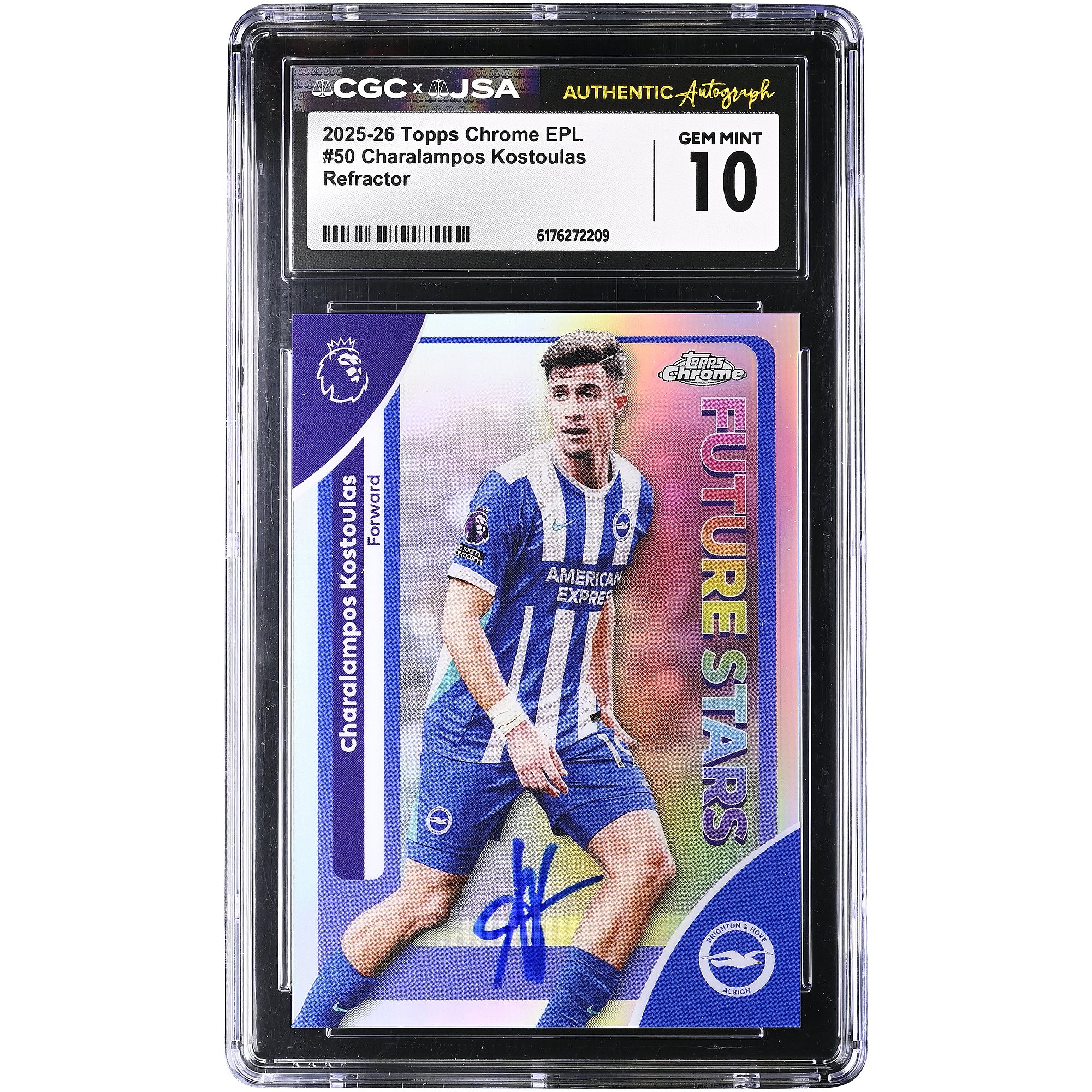 Charalampos Kostoulas Brighton and Hove Albion Autographed 2025-26 Topps Chrome EPL Refractor #50 CGC Authenticated GEM MINT 10 Card
