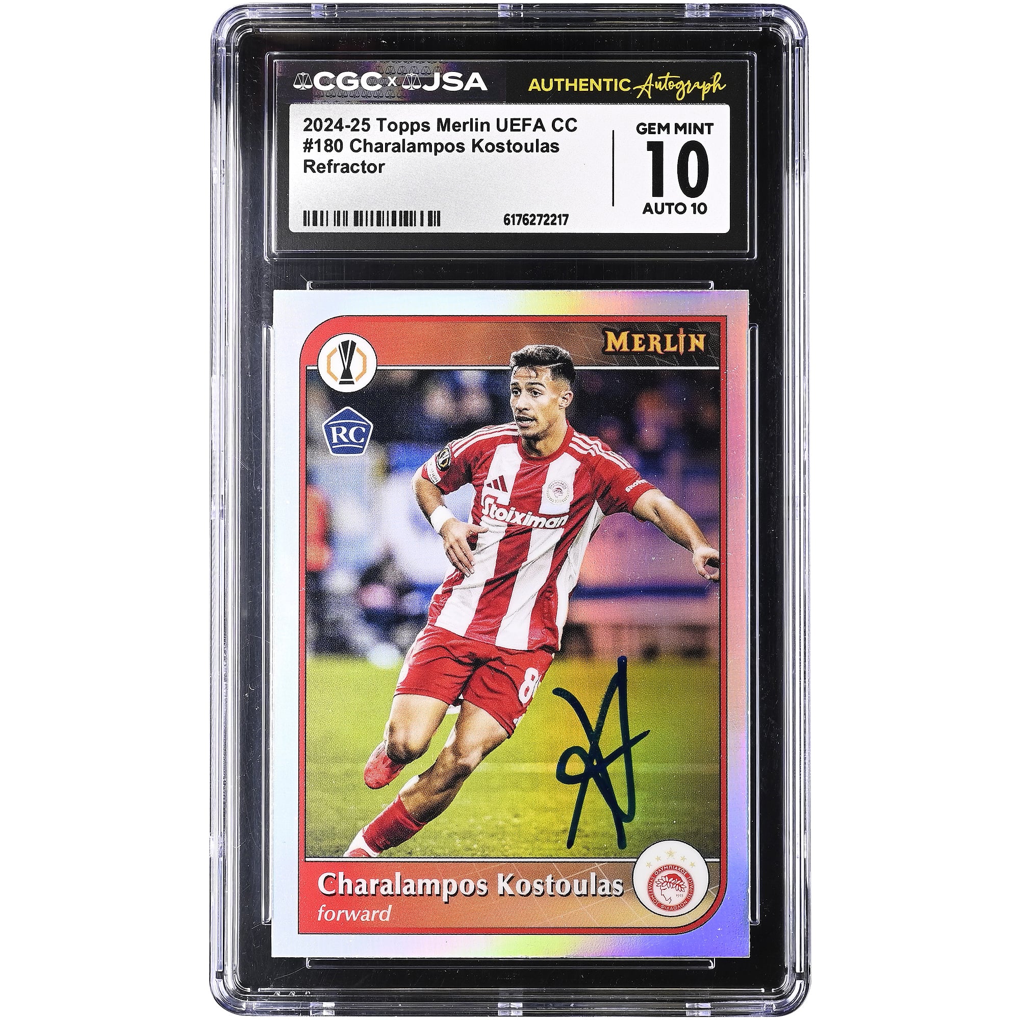 Charalampos Kostoulas Olympiacos Autographed 2024-25 Topps Merlin UEFA CC Refractor #180 CGC Authenticated 10/10 Rookie Card