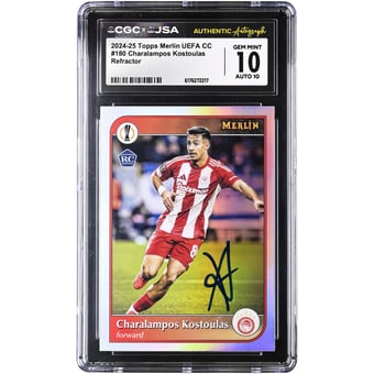 Charalampos Kostoulas Olympiacos Autographed 2024-25 Topps Merlin UEFA CC Refractor #180 CGC Authenticated 10/10 Rookie Card