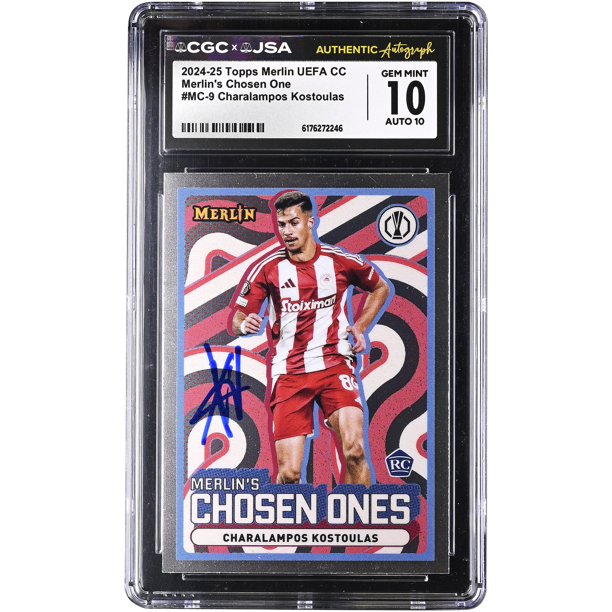 Charalampos Kostoulas Olympiacos Autographed 2024-25 Topps Merlin UEFA CC Merlin's Chosen One #MC-9 CGC Authenticated 10/10 Rookie Card
