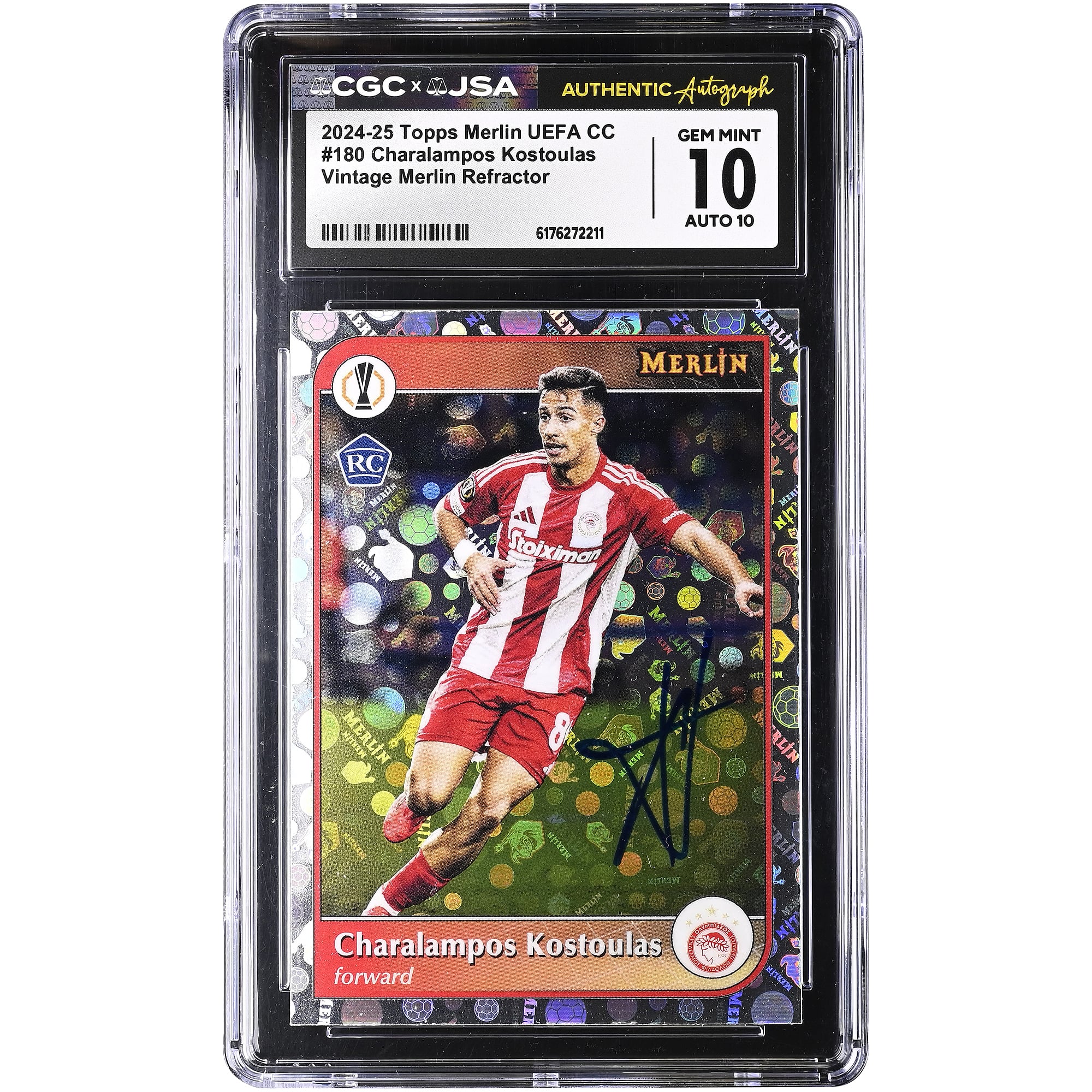 Charalampos Kostoulas Olympiacos Autographed 2024-25 Topps Merlin UEFA CC Vintage Merlin Refractor #180 CGC Authenticated 10/10 Rookie Card