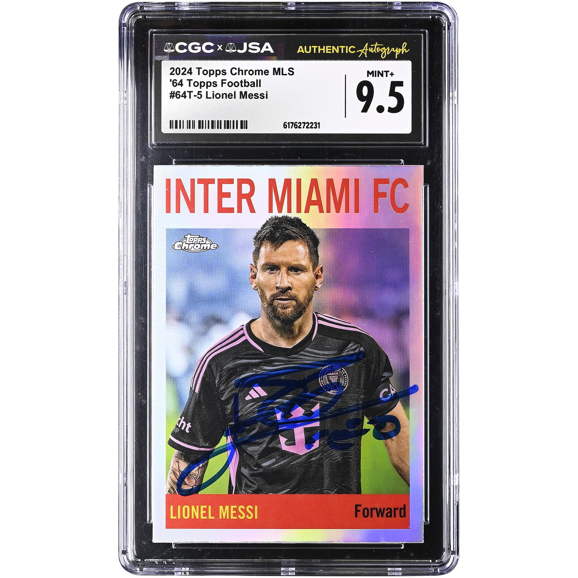 Lionel Messi Inter Miami CF Autographed 2024 Topps Chrome MLS '64 Topps Football #64T-5 CGC Authenticated MINT+ 9.5 Card. rookie card picture