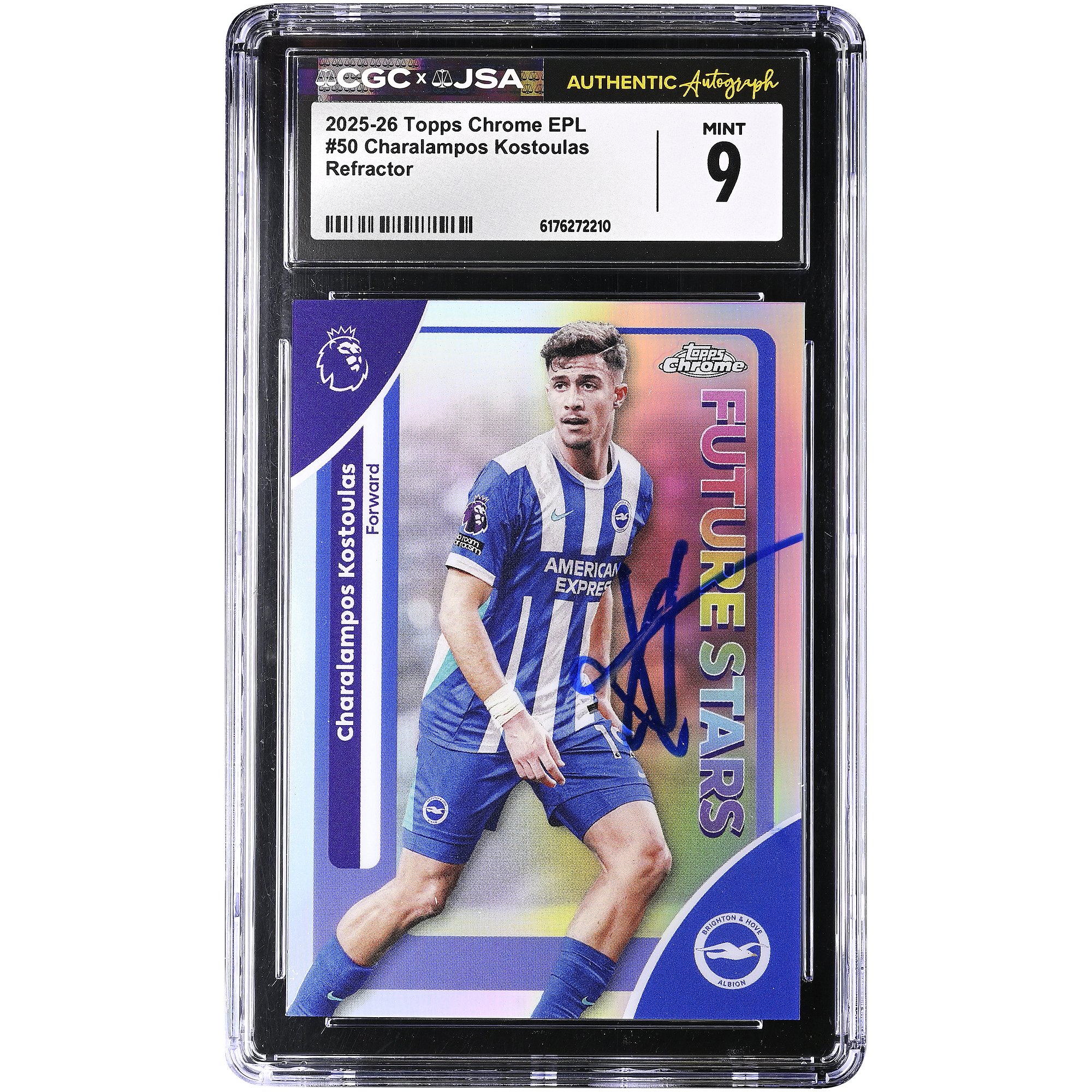 Charalampos Kostoulas Brighton and Hove Albion Autographed 2025-26 Topps Chrome EPL Refractor #50 CGC Authenticated MINT 9 Card
