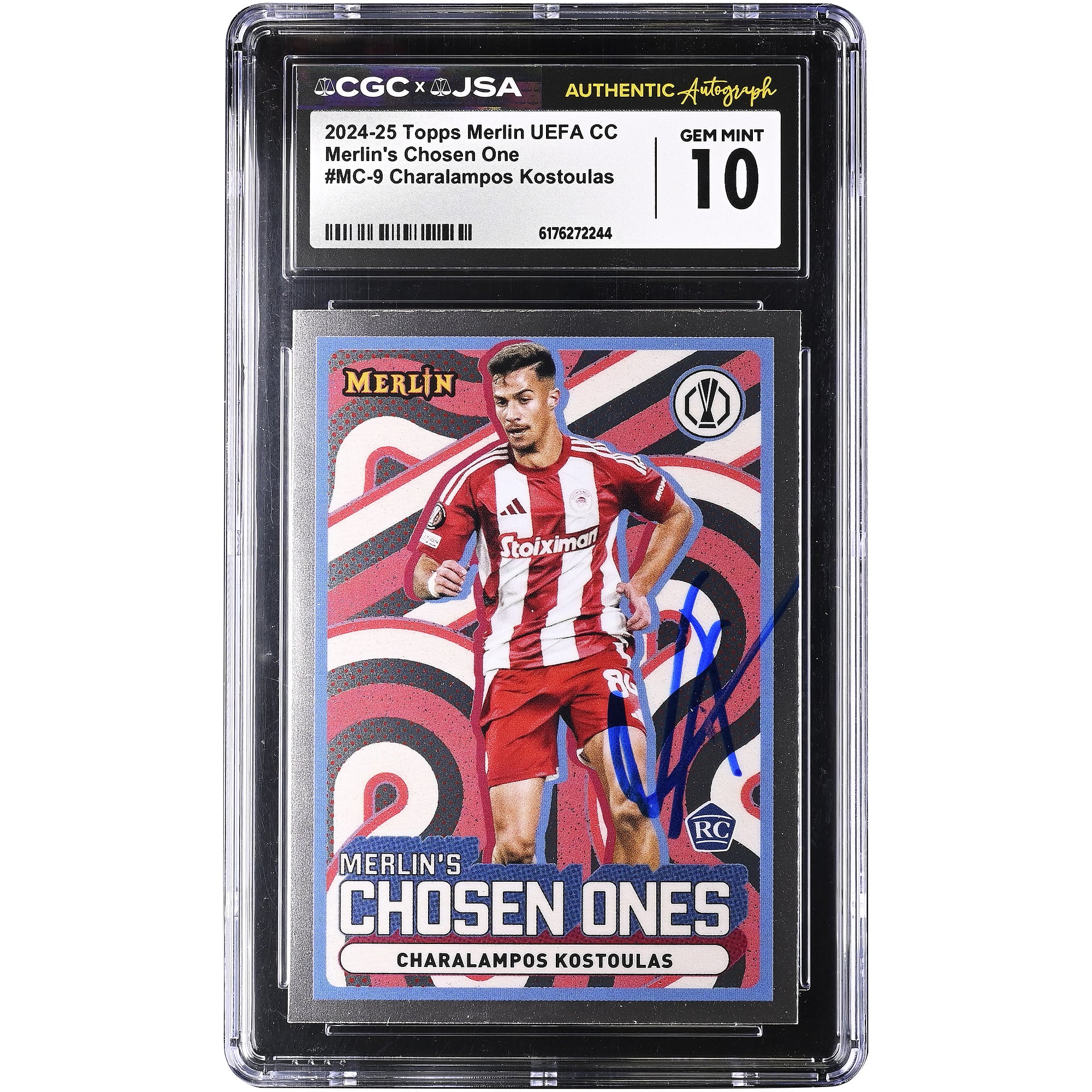 Charalampos Kostoulas Olympiacos Autographed 2024-25 Topps Merlin UEFA CC Merlin's Chosen One #MC-9 CGC Authenticated GEM MINT 10 Rookie Card