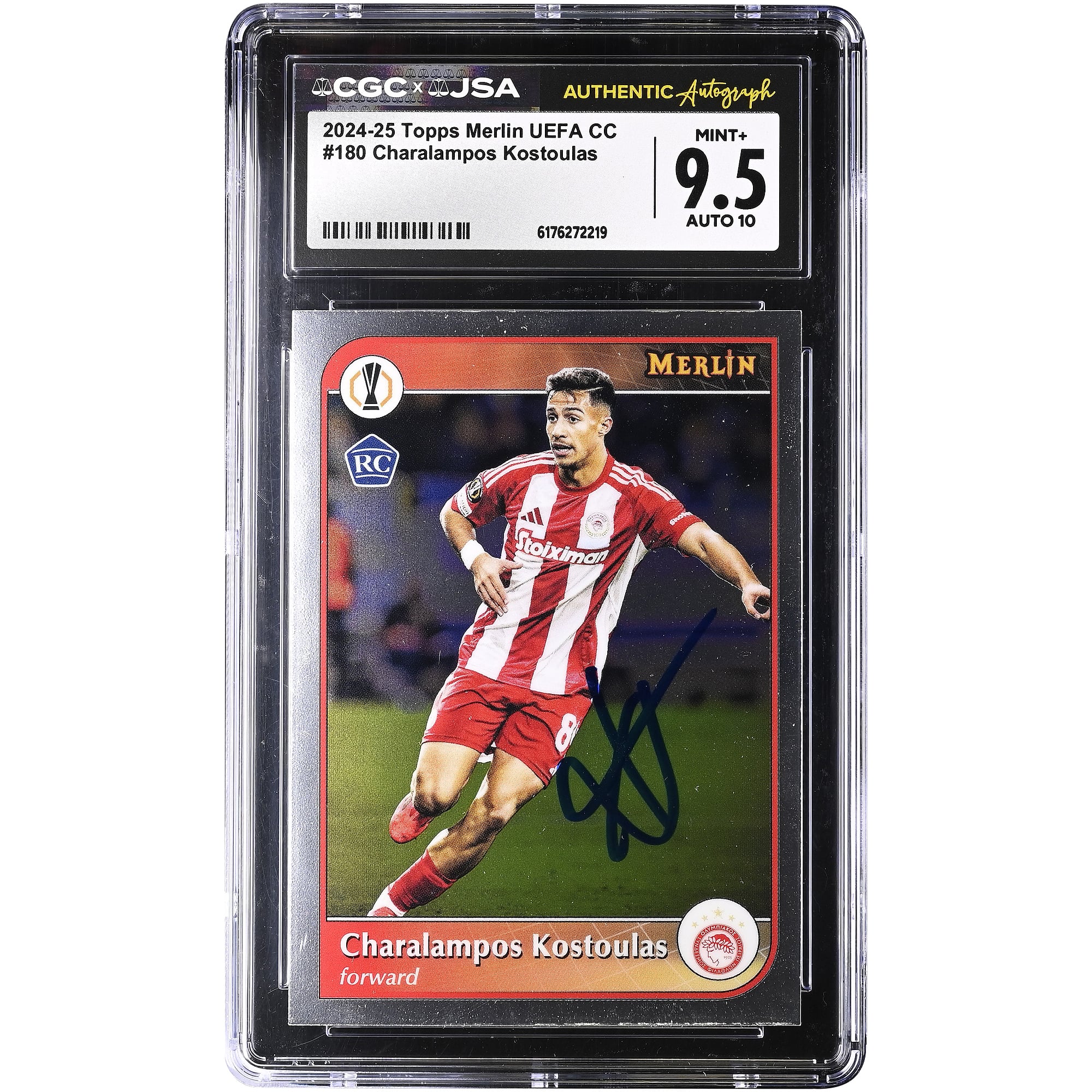 Charalampos Kostoulas Olympiacos Autographed 2024-25 Topps Merlin UEFA CC #180 CGC Authenticated 9.5/10 Rookie Card