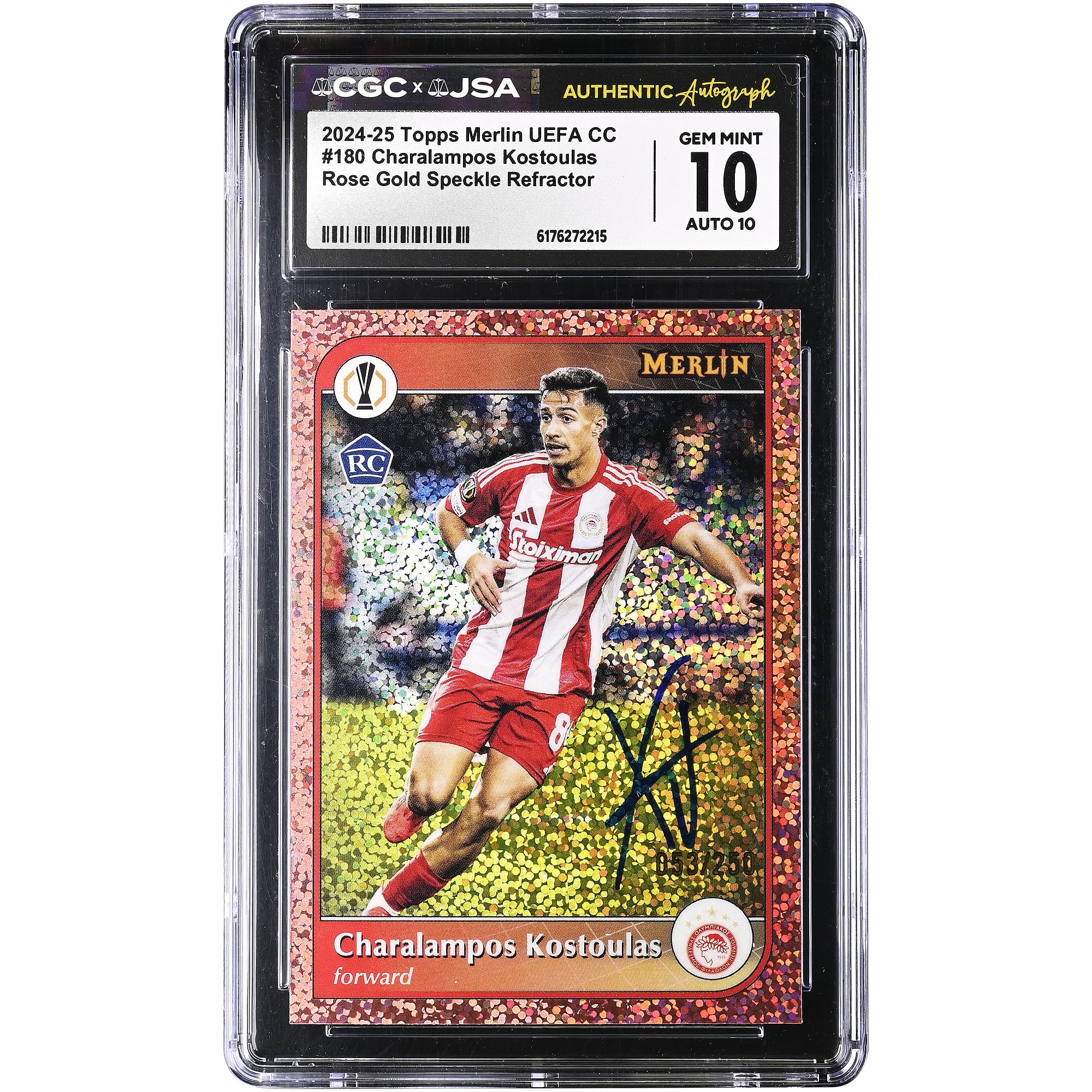 Charalampos Kostoulas Olympiacos Autographed 2024-25 Topps Merlin UEFA CC Rose Gold Speckle Refractor #180 #/250 CGC Authenticated 10/10 Rookie Card