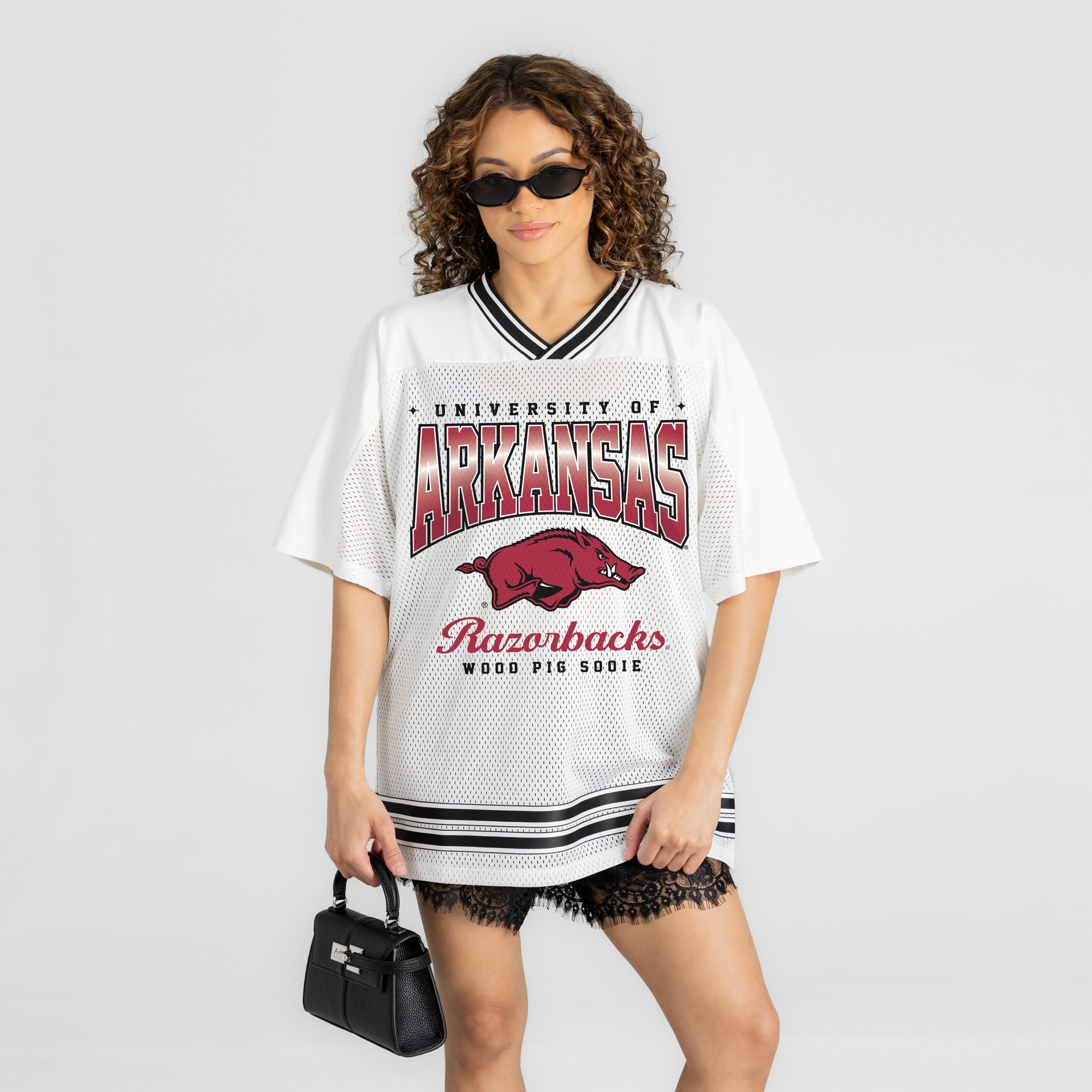 Women's Gameday Couture White Arkansas Razorbacks Squad Mentality V-Neck Sports Mesh Fashion Jersey