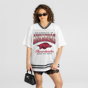 Women's Gameday Couture White Arkansas Razorbacks Squad Mentality V-Neck Sports Mesh Fashion Jersey
