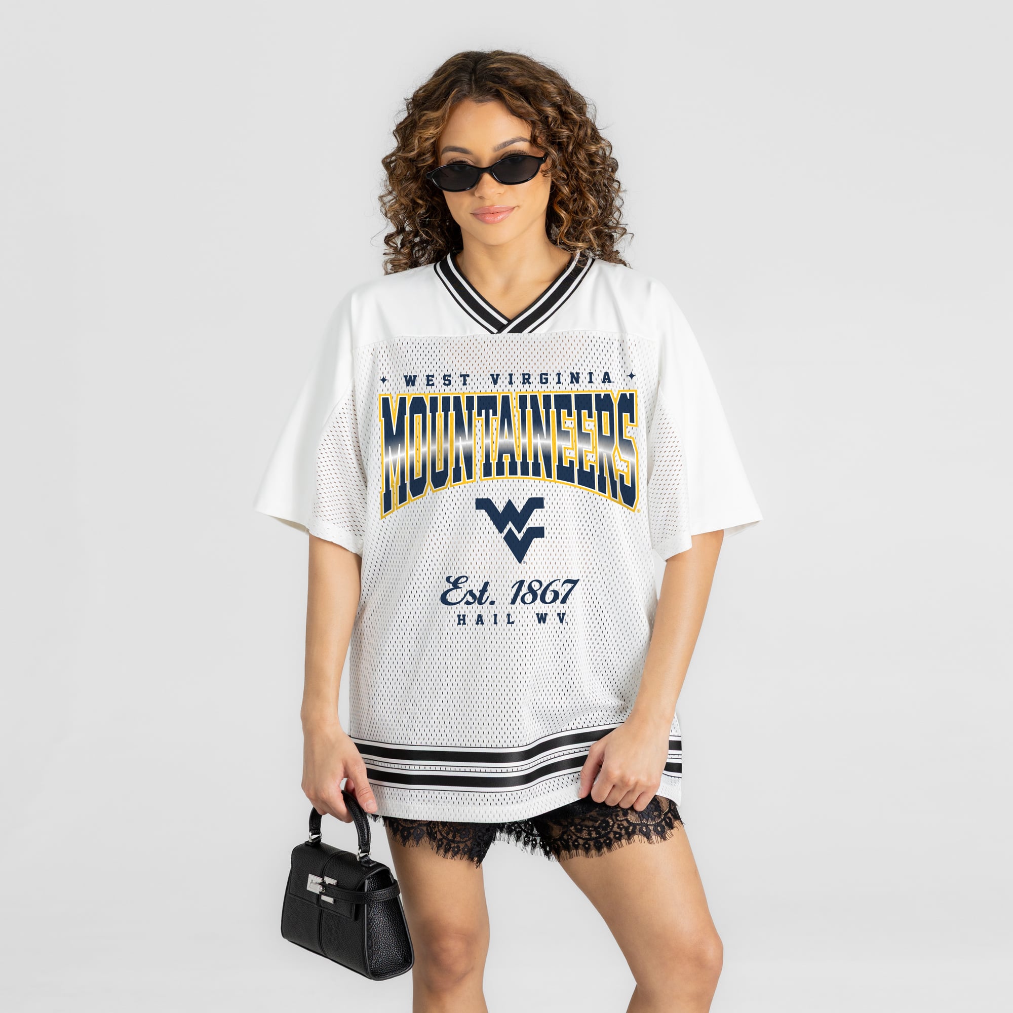 Women's Gameday Couture White West Virginia Mountaineers Squad Mentality V-Neck Sports Mesh Fashion Jersey