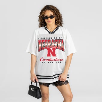 Women's Gameday Couture White Nebraska Huskers Squad Mentality V-Neck Sports Mesh Fashion Jersey