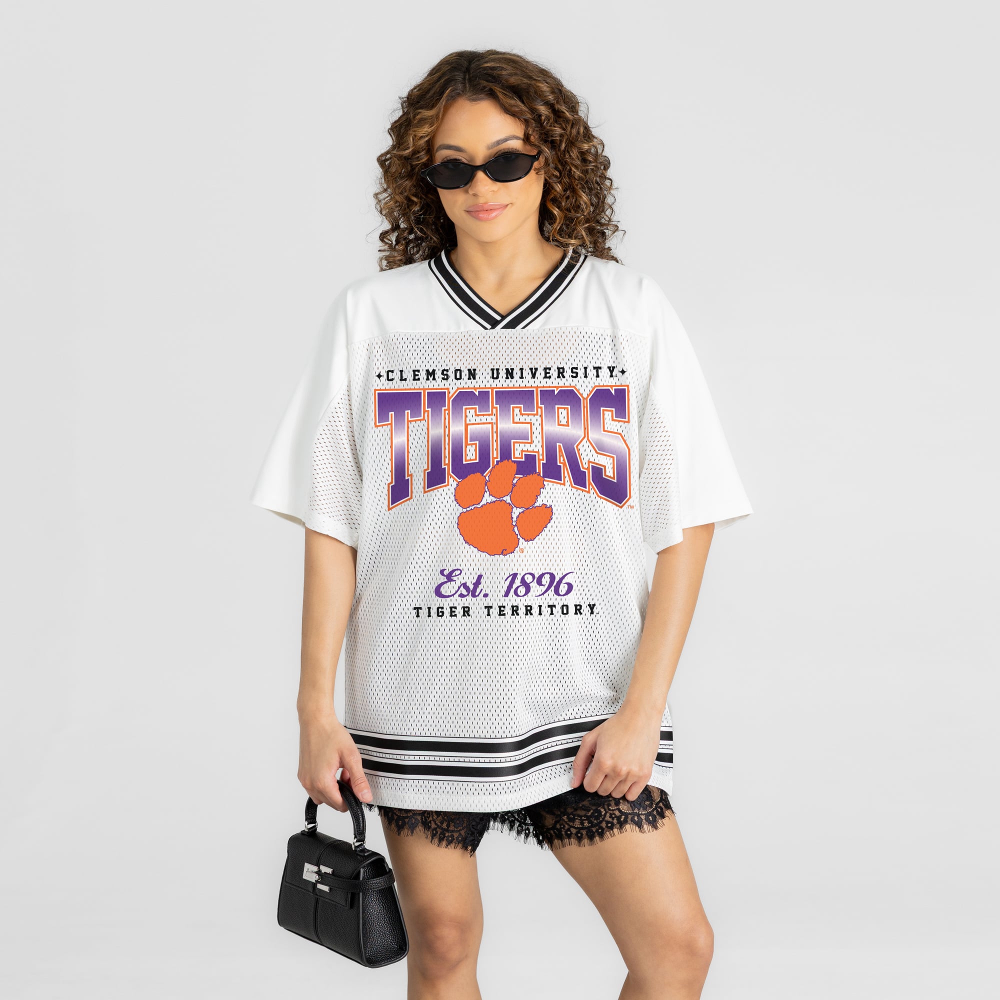 Women's Gameday Couture White Clemson Tigers Squad Mentality V-Neck Sports Mesh Fashion Jersey