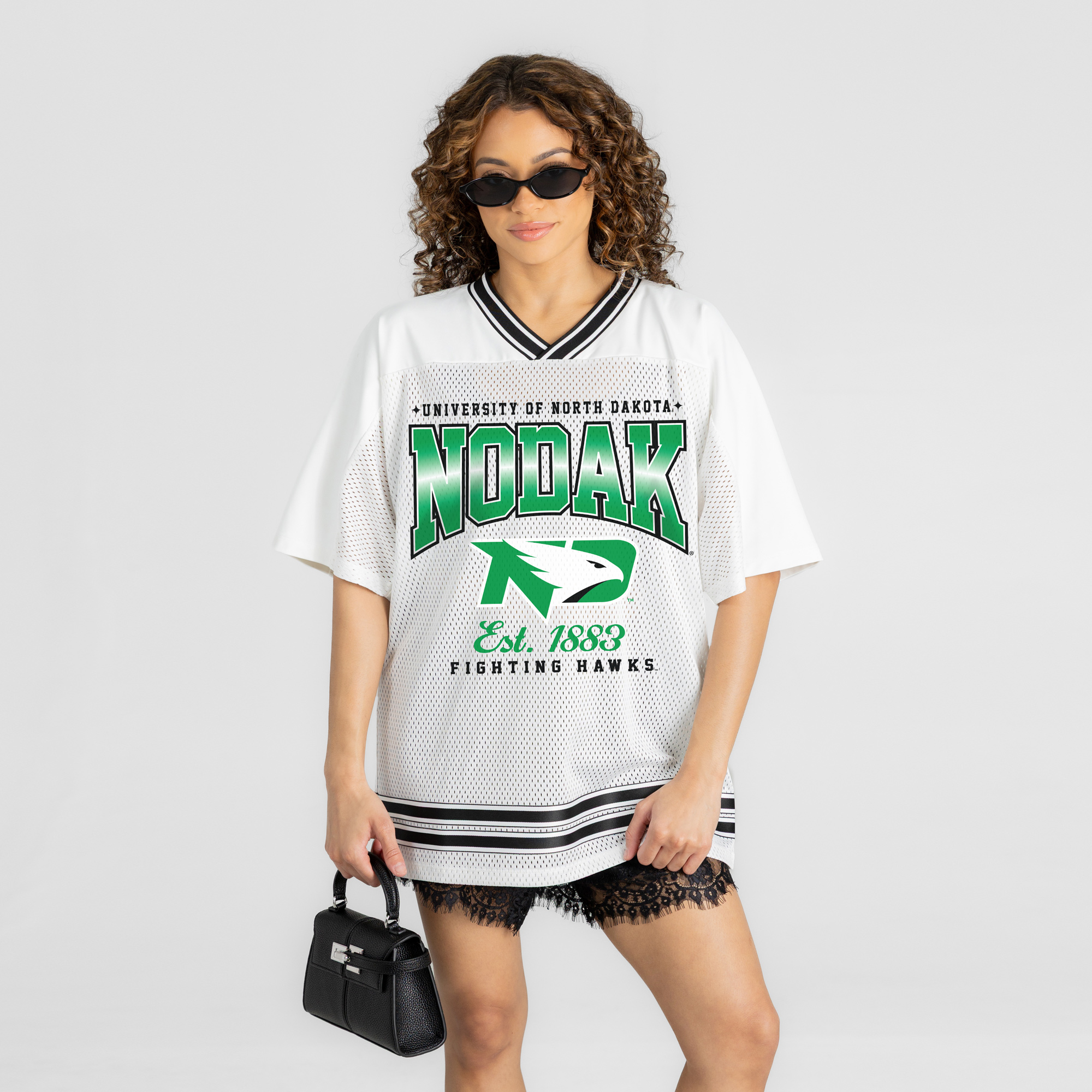 Women's Gameday Couture White North Dakota Squad Mentality V-Neck Sports Mesh Fashion Jersey