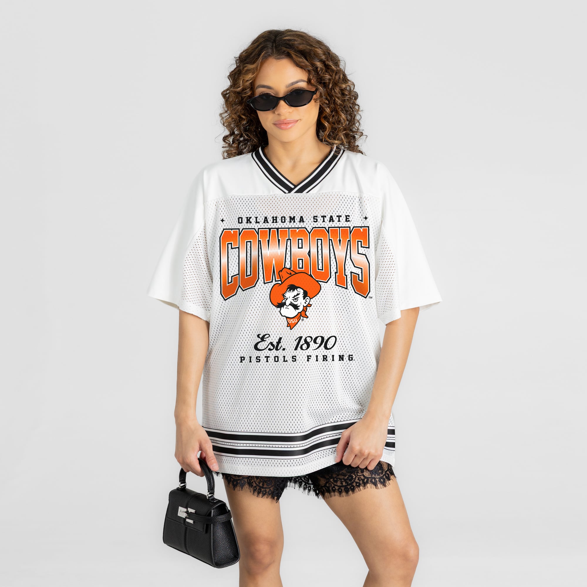 Women's Gameday Couture White Oklahoma State Cowboys Squad Mentality V-Neck Sports Mesh Fashion Jersey