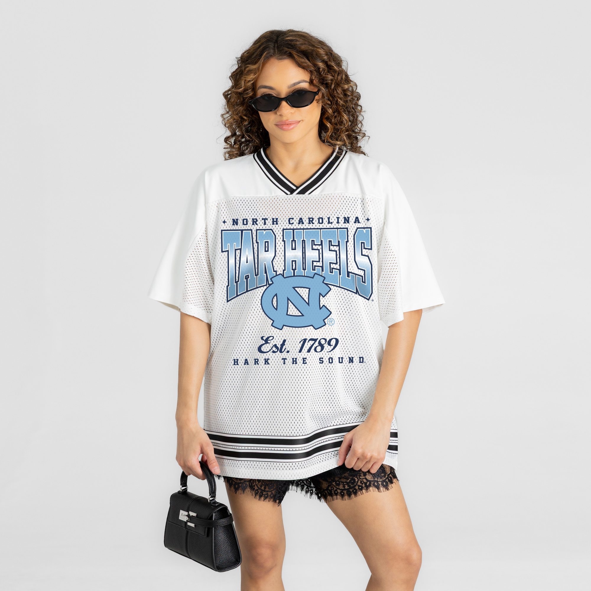Women's Gameday Couture White North Carolina Tar Heels Squad Mentality V-Neck Sports Mesh Fashion Jersey
