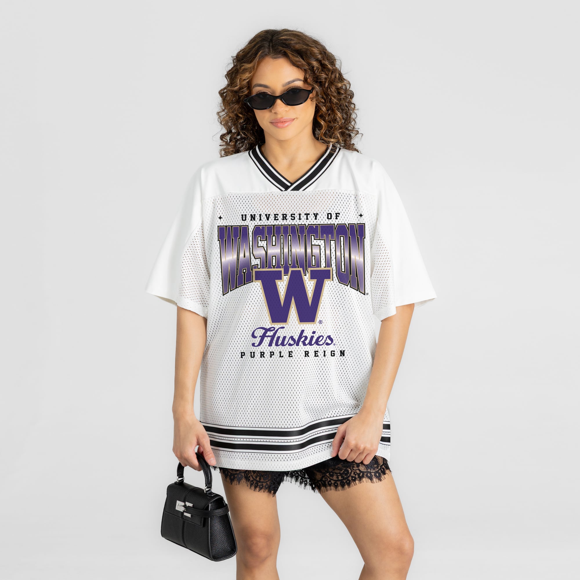Women's Gameday Couture White Washington Huskies Squad Mentality V-Neck Sports Mesh Fashion Jersey