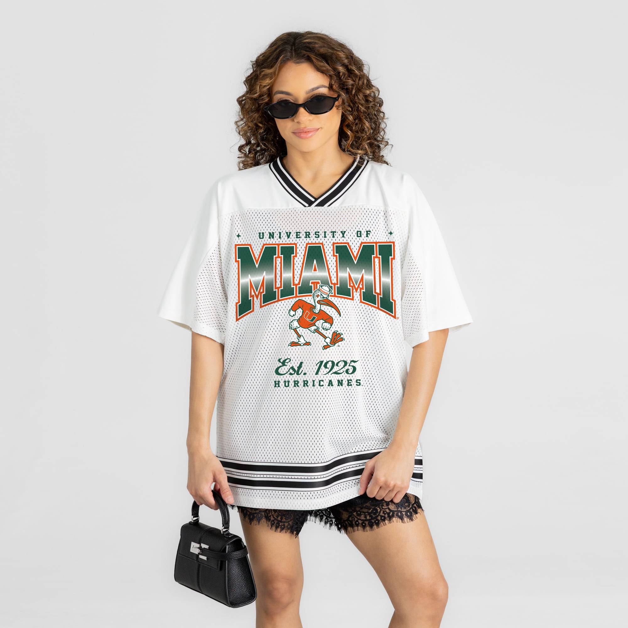 Women's Gameday Couture White Miami Hurricanes Squad Mentality V-Neck Sports Mesh Fashion Jersey