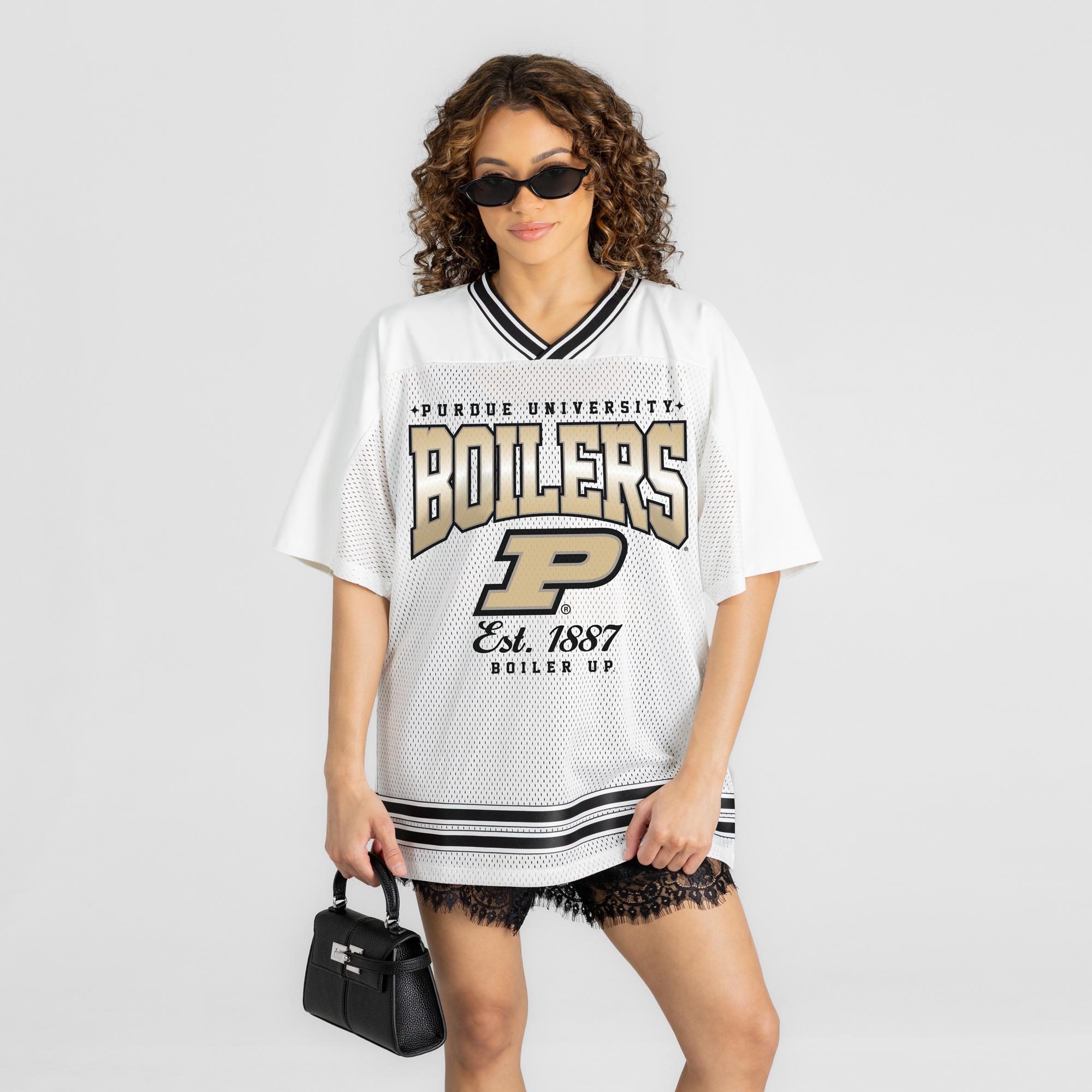 Women's Gameday Couture White Purdue Boilermakers Squad Mentality V-Neck Sports Mesh Fashion Jersey