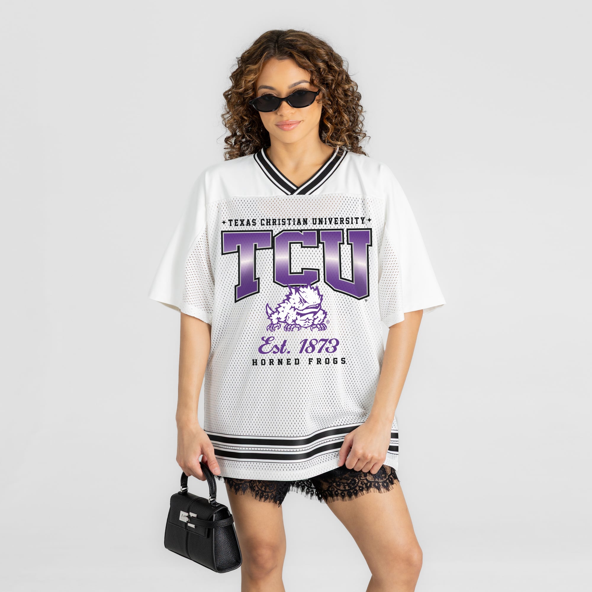 Sisterly Tribe Women's Gameday Couture White TCU Horned Frogs Squad Mentality V-Neck Sports Mesh Fashion Jersey
