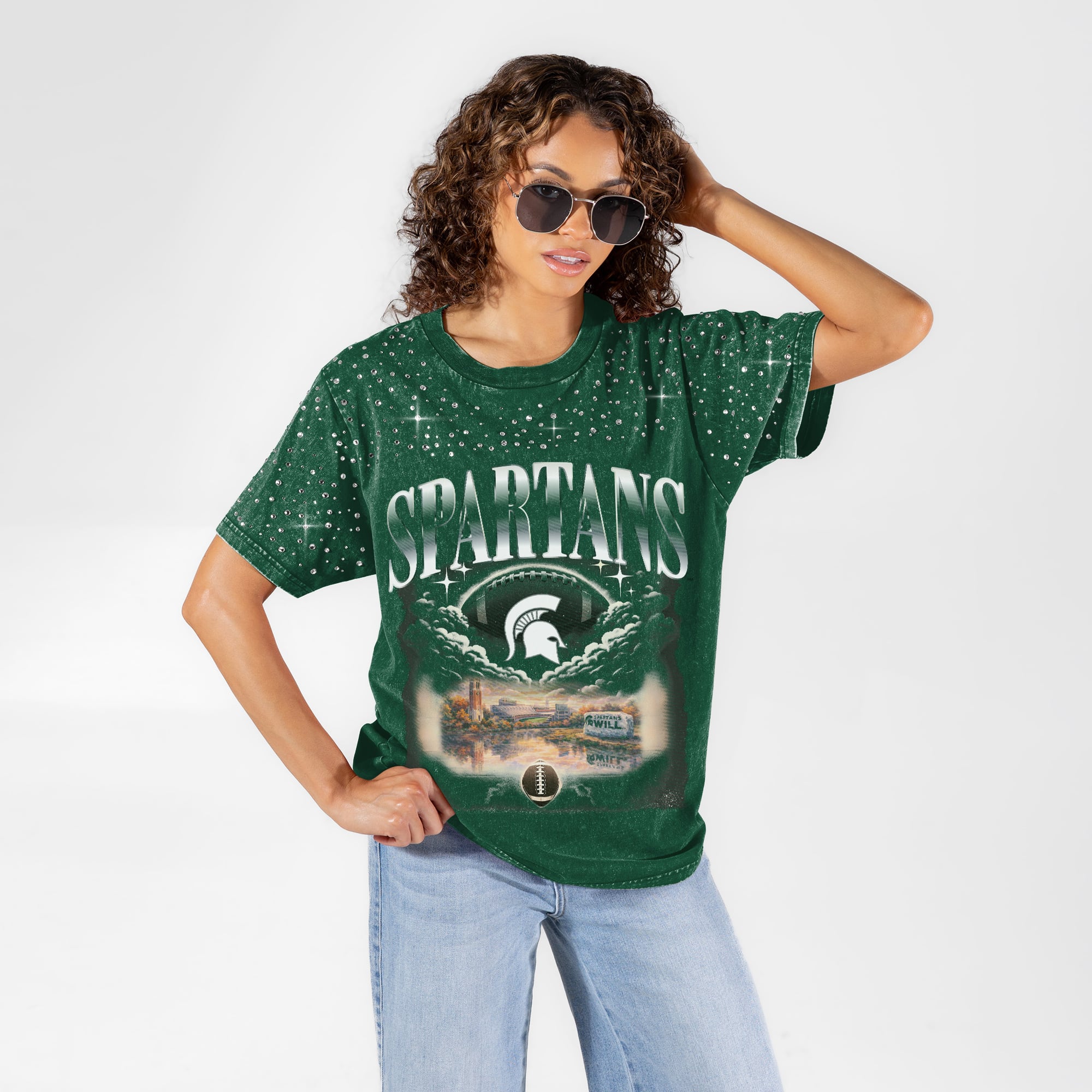 Women's Gameday Couture Green Michigan State Spartans  Sky's the Limit Washed Micro Rhinestone T-Shirt