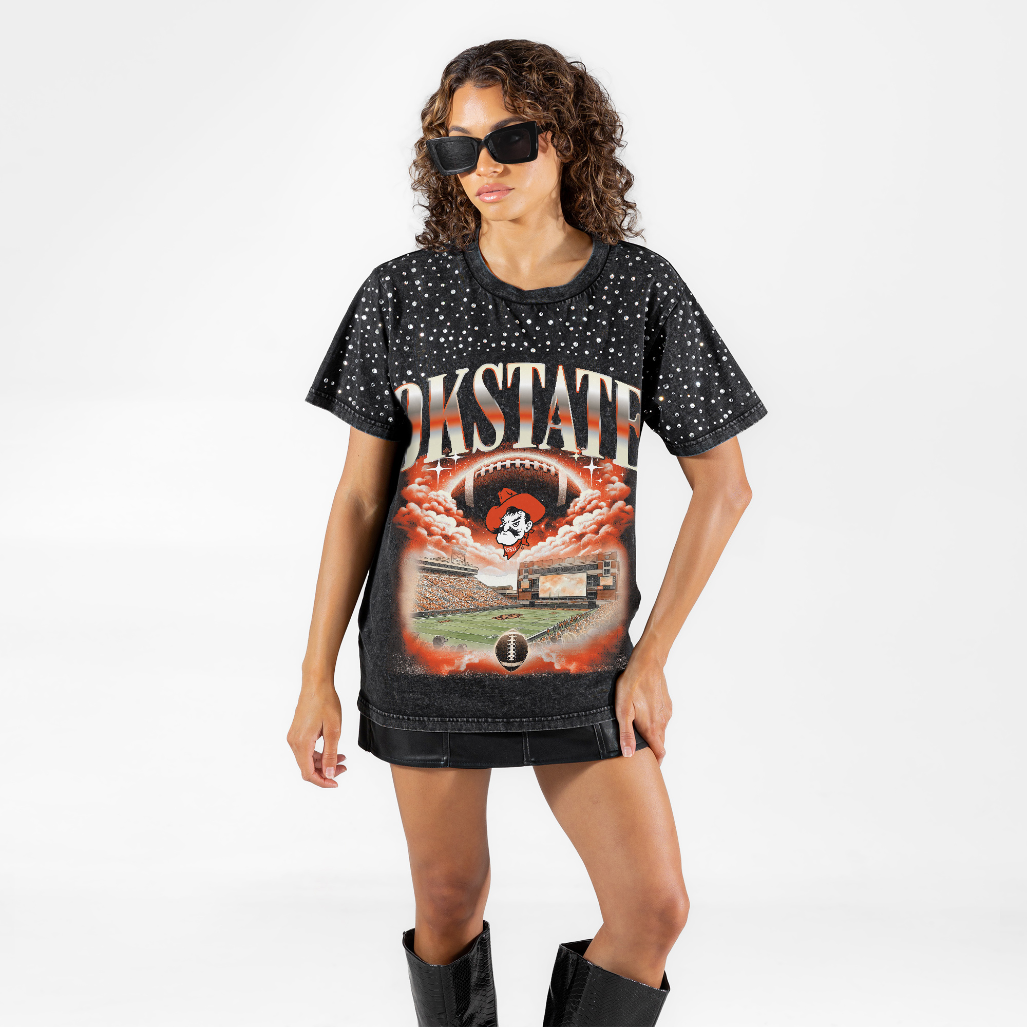 Women's Gameday Couture Black Oklahoma State Cowboys  Sky's the Limit Washed Micro Rhinestone T-Shirt