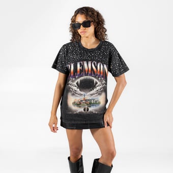 Women's Gameday Couture Black Clemson Tigers  Sky's the Limit Washed Micro Rhinestone T-Shirt