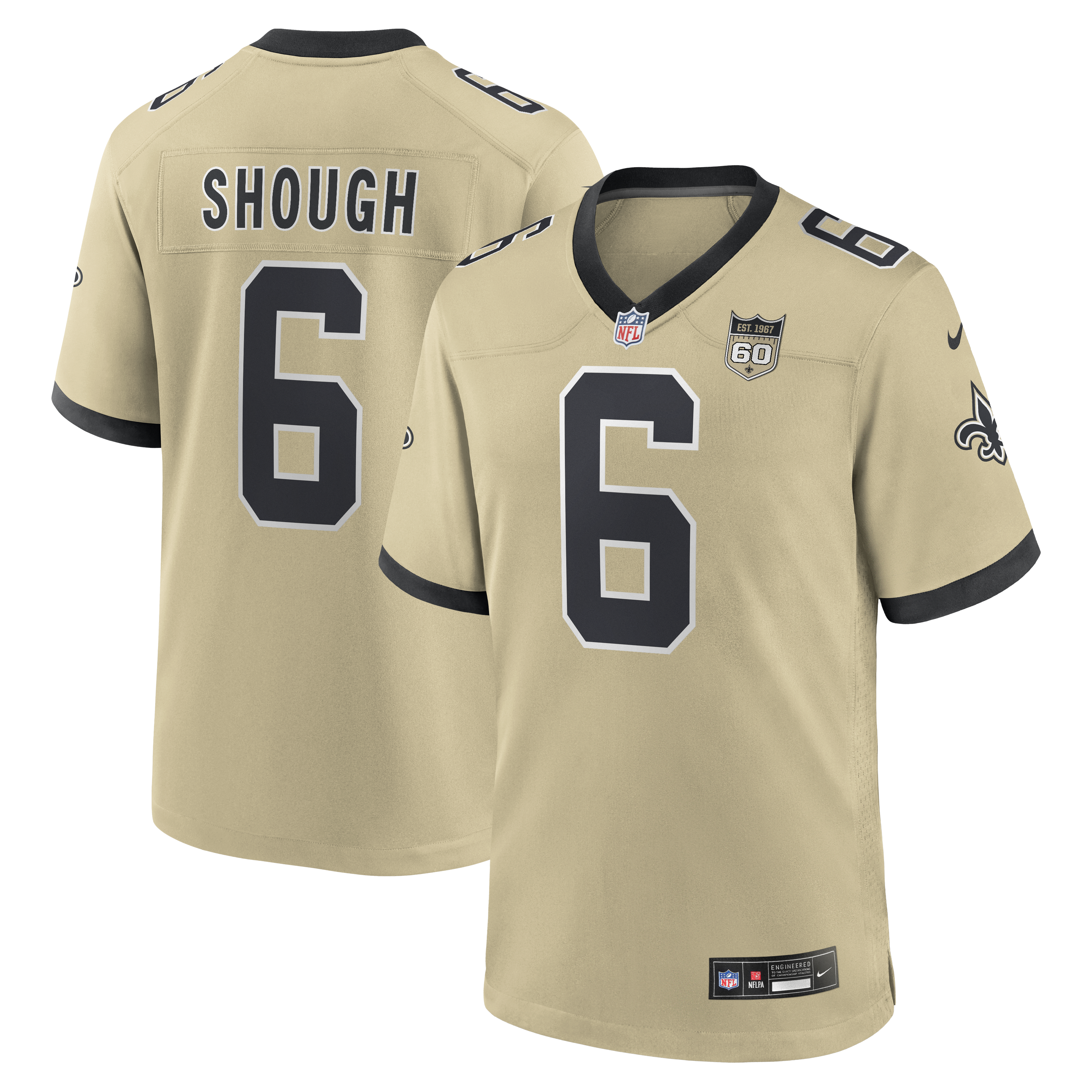Men's Nike Tyler Shough Gold New Orleans Saints Alternate 60th Season Game Jersey