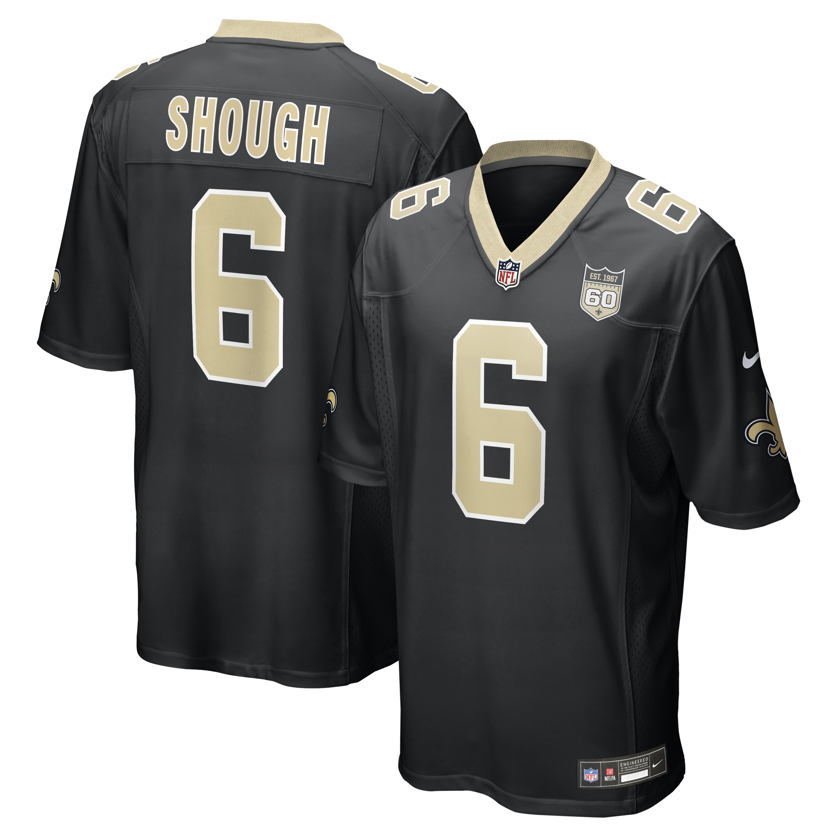 Men's Nike Tyler Shough Black New Orleans Saints Team 60th Season Patch Game Jersey